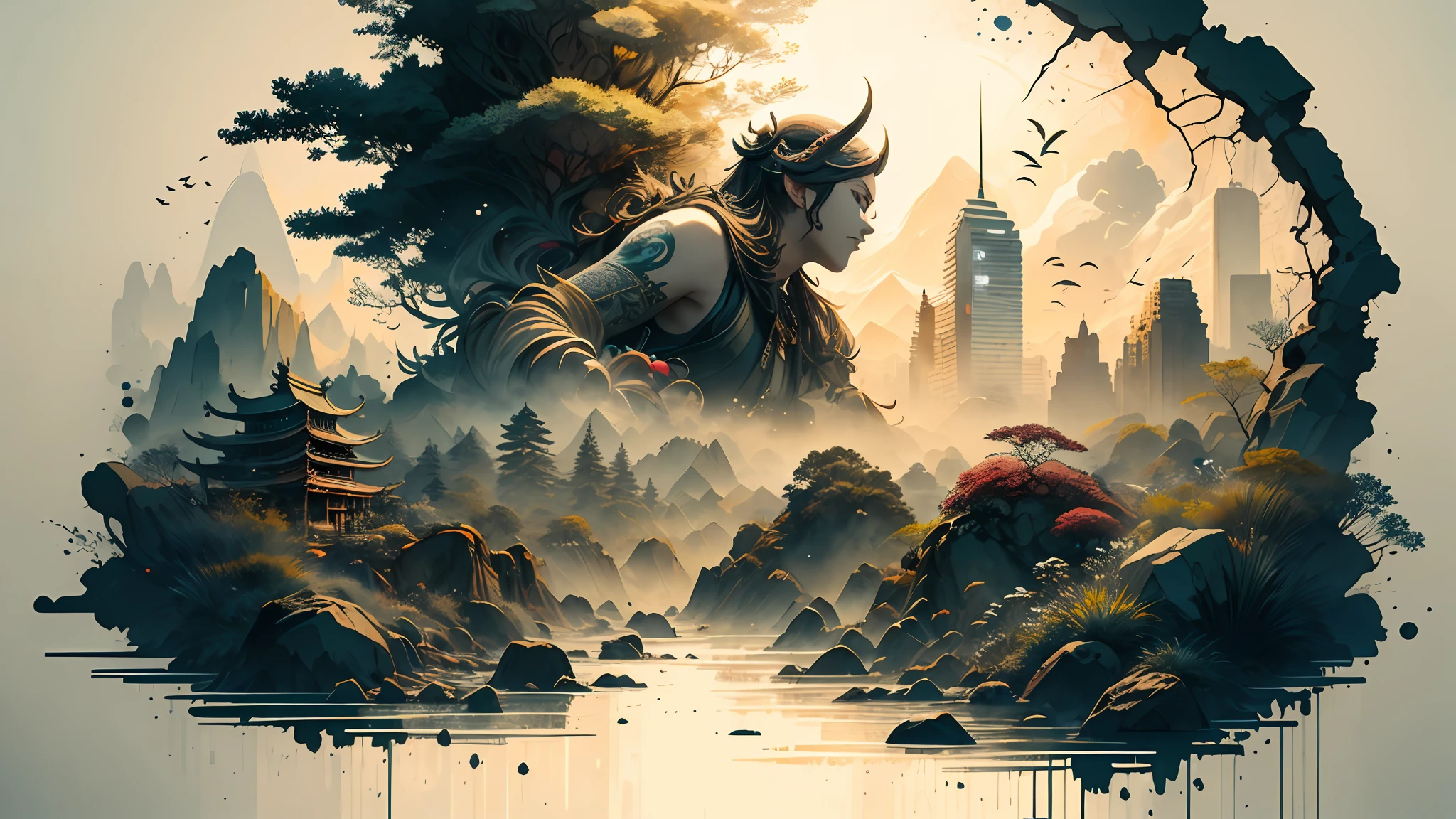 Absurd, high resolution, ultra-detailed, (1 girl:1.3), broken, design a beautiful temple scene, intricate architecture, lush gardens, and a sense of peace and spirituality. Broken, creating an image of a destructive demon with terrifying features, dark powers, and a thirst for chaos and destruction. Broken, designed with a fisheye effect image that captures a wide field of view with a unique curved viewing angle. Break to create rooftop views in urban environments with panoramic cityscapes, dramatic skylines, and a sense of elevation. Break , illustrating the tender moments between parents and children, capturing their bonds, love, and connection. Broken, using pointillism to illustrate images, carefully placed tiny dots of color to create a cohesive and visually stunning whole.