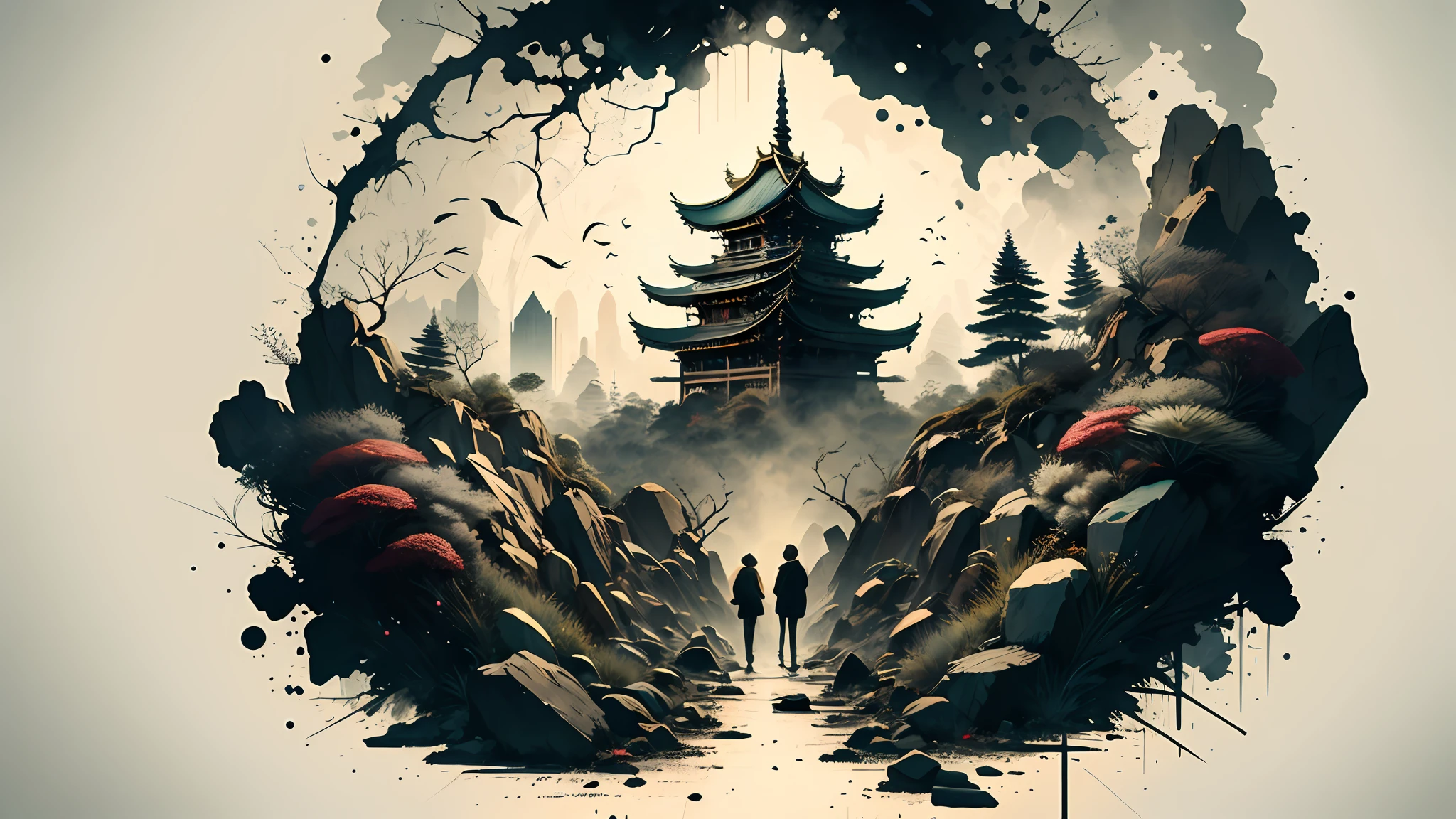 Absurd, high resolution, ultra-detailed, (1 girl:1.3), broken, design a beautiful temple scene, intricate architecture, lush gardens, and a sense of peace and spirituality. Broken, creating an image of a destructive demon with terrifying features, dark powers, and a thirst for chaos and destruction. Broken, designed with a fisheye effect image that captures a wide field of view with a unique curved viewing angle. Break to create rooftop views in urban environments with panoramic cityscapes, dramatic skylines, and a sense of elevation. Break , illustrating the tender moments between parents and children, capturing their bonds, love, and connection. Broken, using pointillism to illustrate images, carefully placed tiny dots of color to create a cohesive and visually stunning whole.
