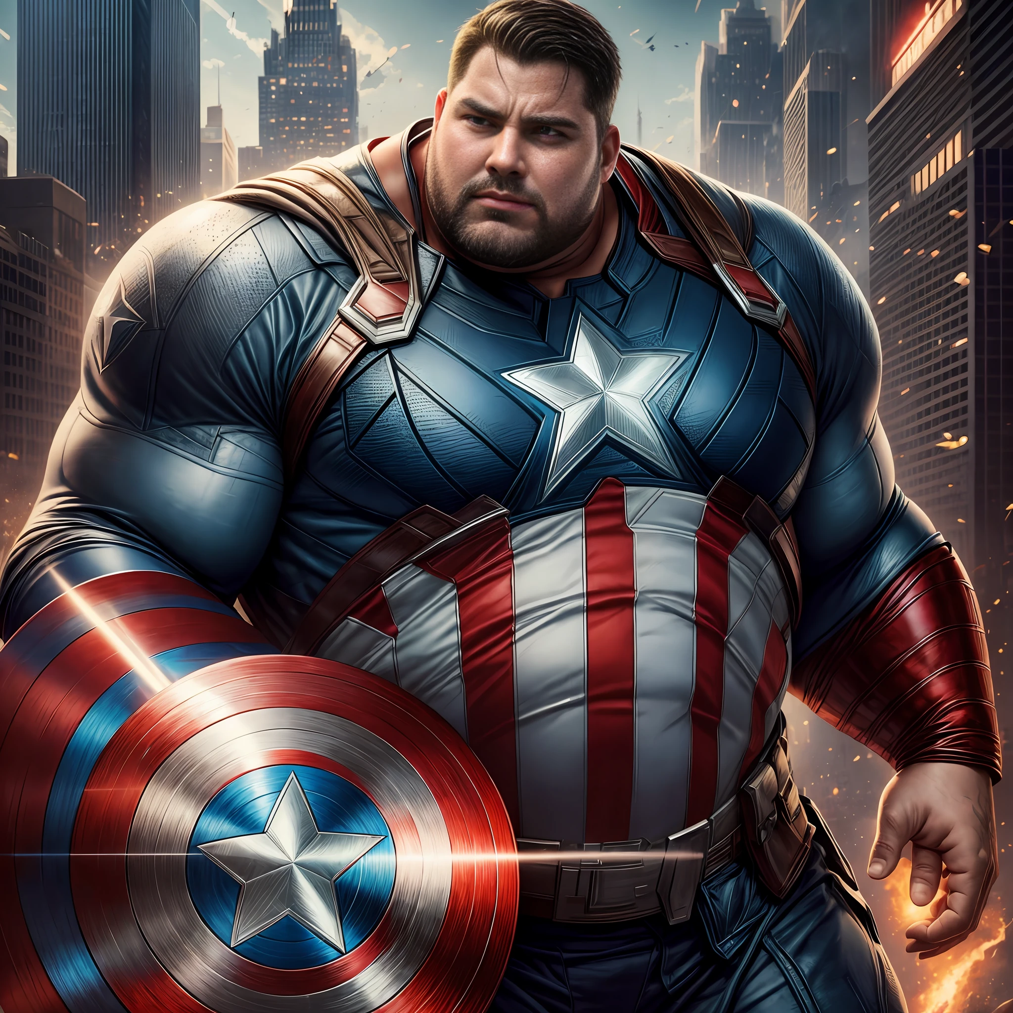 1 fat man, Captain America,charachter, beautiful, devian art, trending artstation, digital art, detailed, realistic,fat Captain America from marvel movie,character,cinematic sho ,cinematic lights, superman, high textures, high resolution, dreamlikeart, 8k, highly detailed