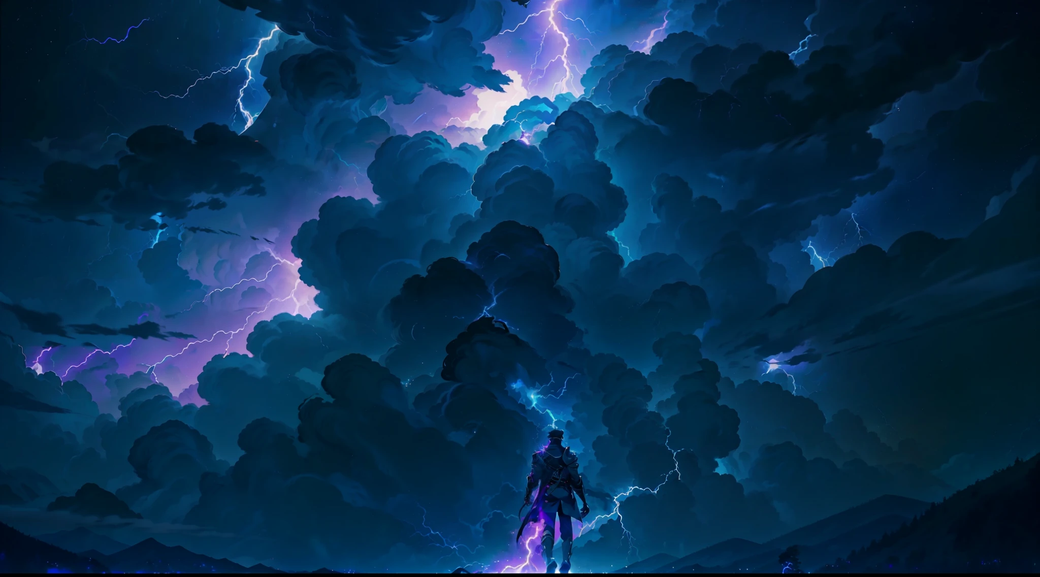 A close-up of a very tall man with a purple and blue background full of lightning, 8K anime, an epic anime of a man with thunder powers, epic anime style, menacing aura, aura of brilliant power, lots of lightning surrounding the character