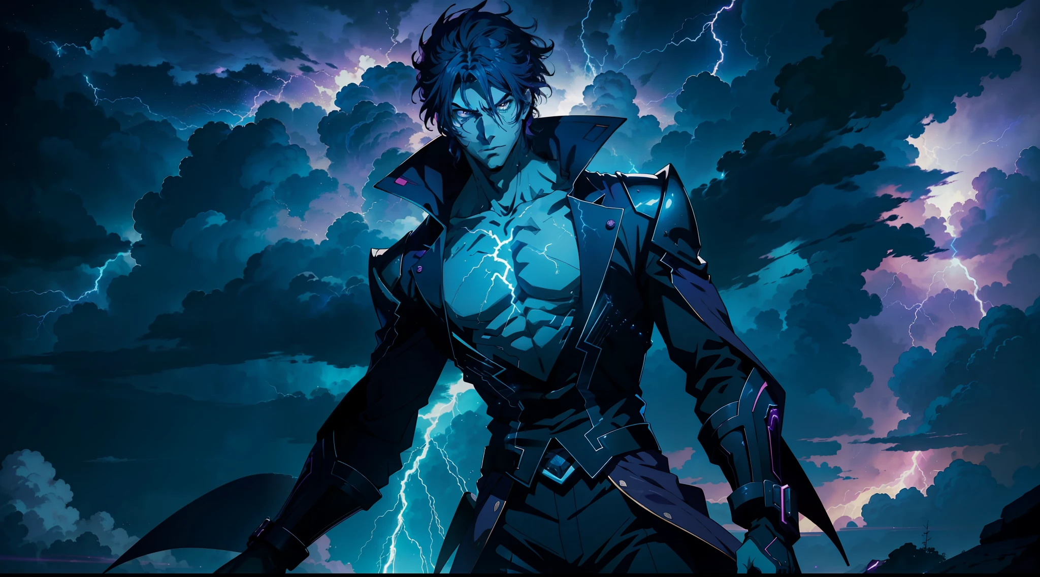 A close-up of a very tall man with a purple and blue background full of lightning, 8K anime, an epic anime of a man with thunder powers, epic anime style, menacing aura, aura of brilliant power, lots of lightning surrounding the character