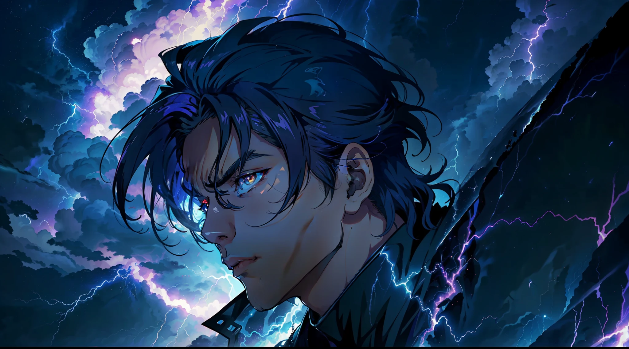 A close-up of a very tall man with a purple and blue background full of lightning, 8K anime, an epic anime of a man with thunder powers, epic anime style, menacing aura, aura of brilliant power, lots of lightning surrounding the character