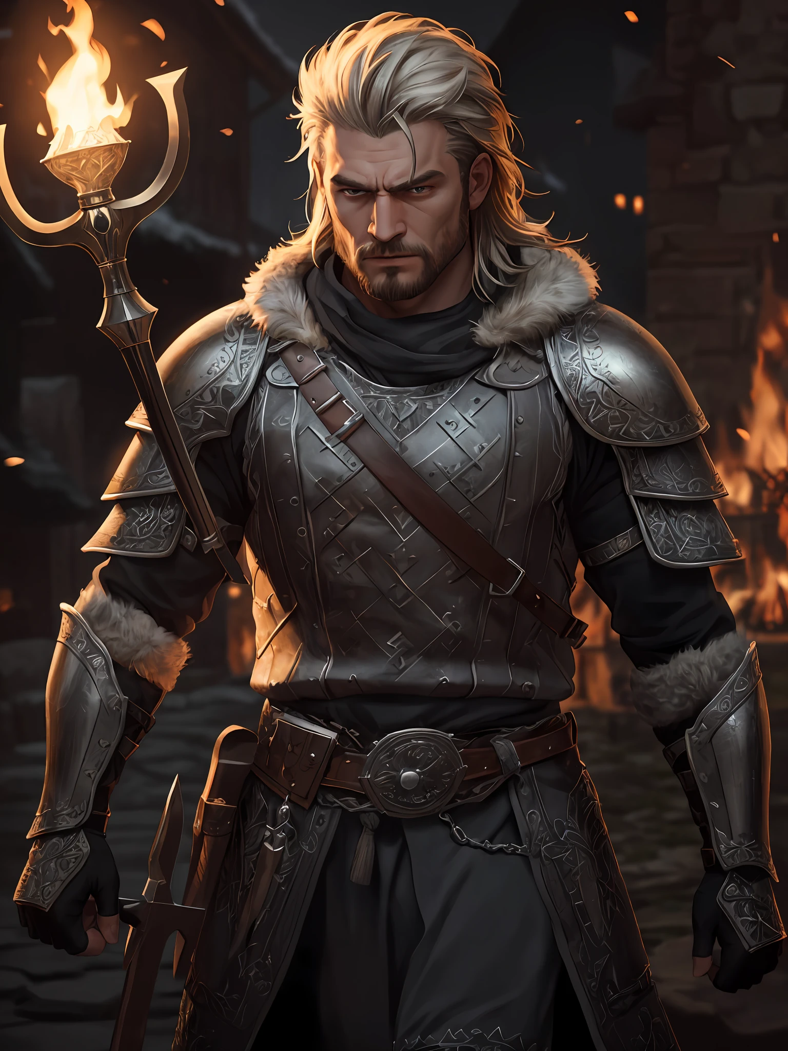 (High quality: 1.3), cinematic shot, masterpiece, (sharp focus: 1.5), (photorealistic: 1.3), medium portrait of (a young Viking warrior of angry appearance, but still proud and fierce, now the leader of his village, dressed in elaborately detailed chain mail and diamond armor, some torches burn on the walls, giving the scene a somber atmosphere, but carving the shapes in sharp chiaroscuro), is night, (highly detailed skin), (detailed face), detailed background, dark lighting, twilight lighting, volumetric lighting, complex details, UHD,