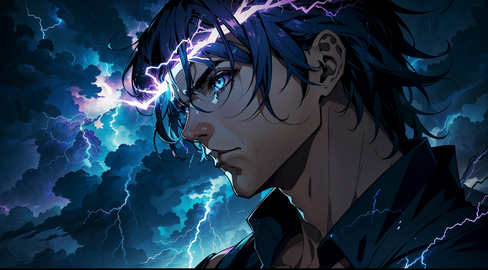 A close-up of a very tall man with a purple and blue background full of lightning, 8K anime, an epic anime of a man with thunder powers, epic anime style, menacing aura, aura of brilliant power, lots of lightning surrounding the character