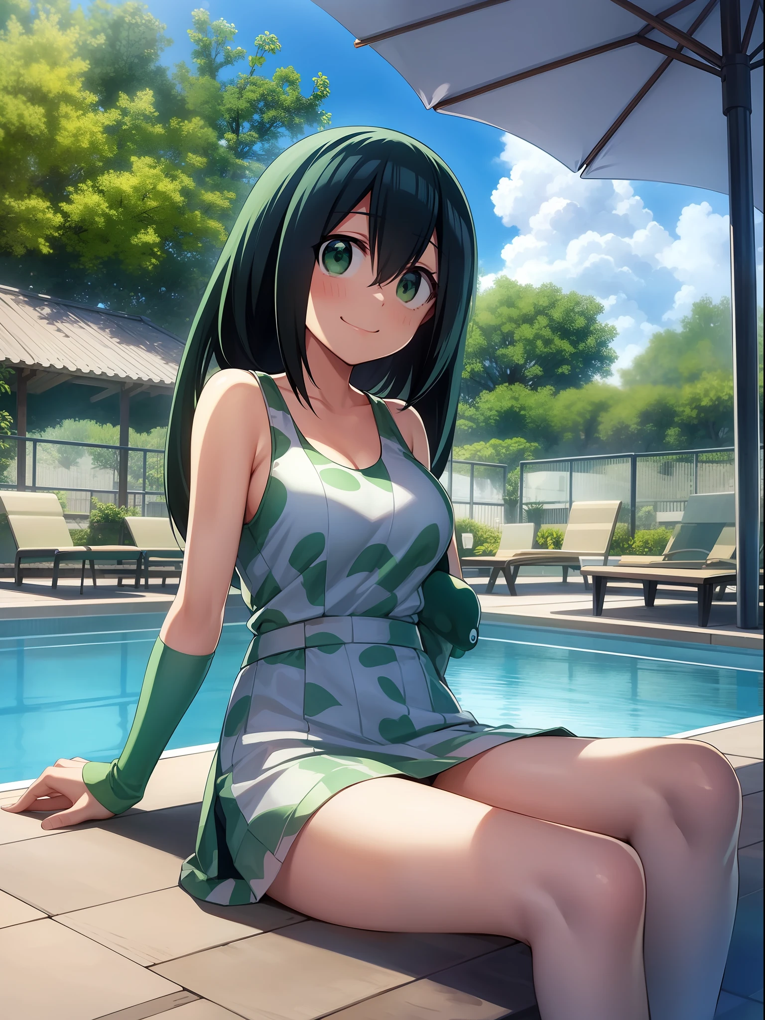 Tsuyu Asui, wearing summer clothes, poolside, nice environment, super detailed, high quality