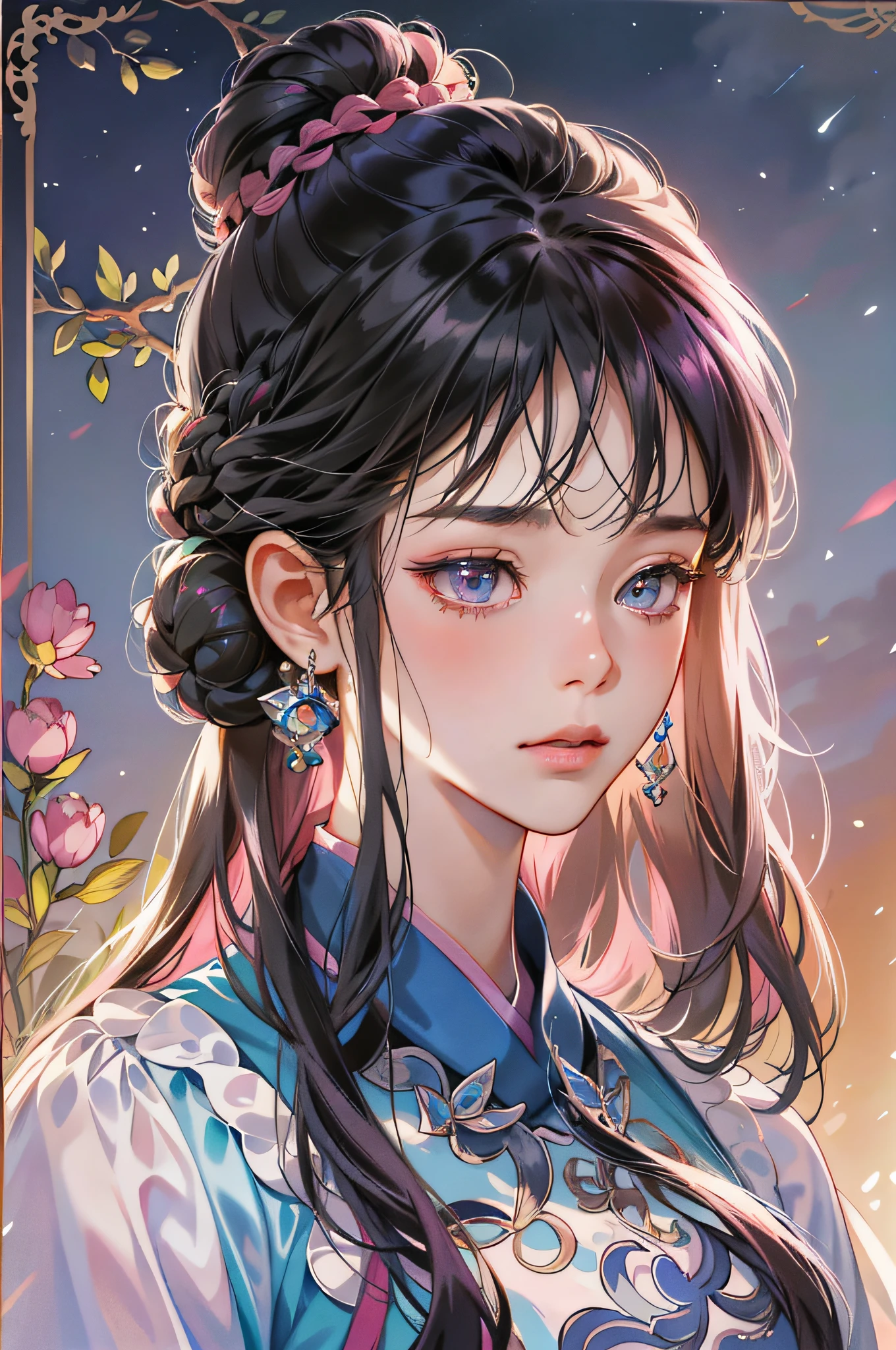 Absurd, High Resolution, Ultra Detailed, 1girl, Mature Royal Sister, Solo, Very Detailed Eyes, Delicate Eyes, Braided Bun, Asymmetrical Bangs, Wearing Earrings, Pink Silk Hanfu, Masterpiece, Dark Night, Official Art Illustration, Night, Gaze Screen, 4K, Hazy, Fairy Fluttering, Disappointed, Portrait on the Front