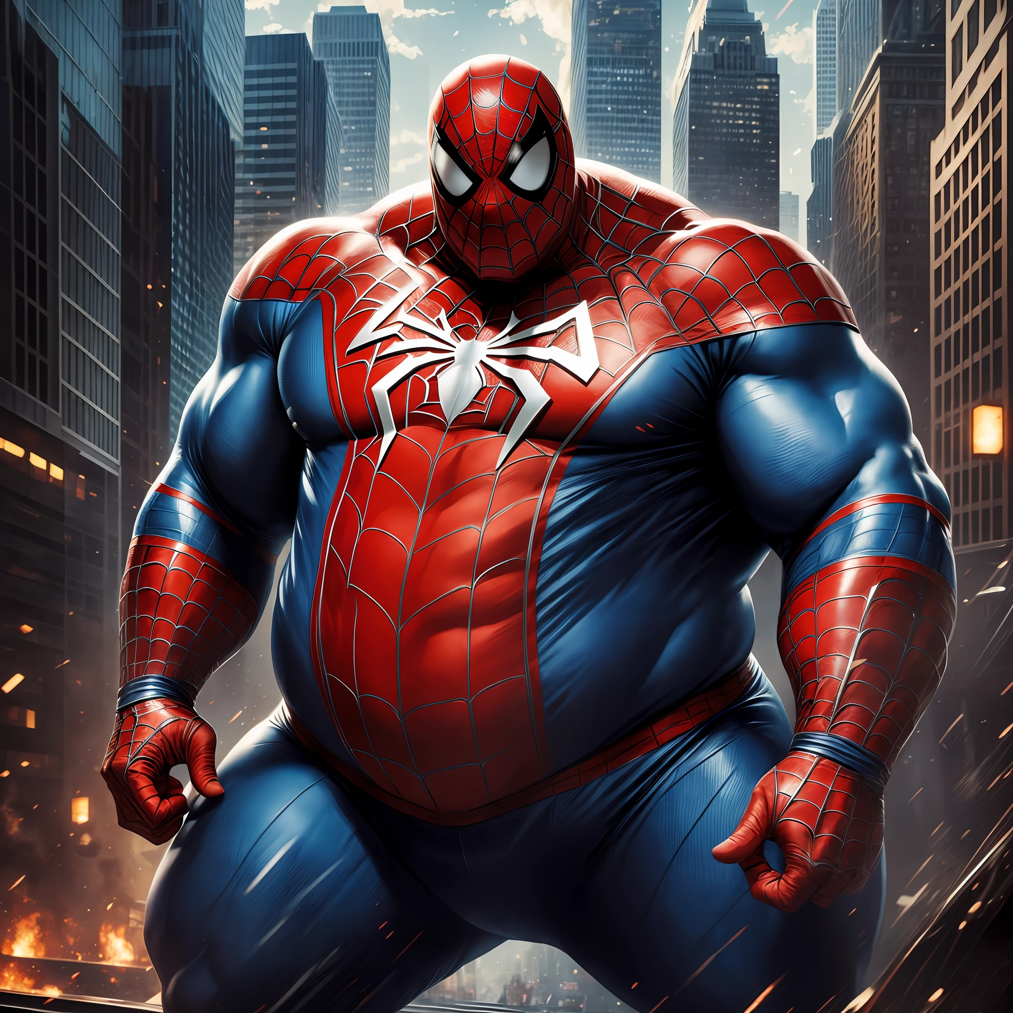 1 fat man, spiderman,charachter, beautiful, devian art, trending artstation, digital art, detailed, realistic,fat spiderman from marvel movie,character,cinematic sho ,cinematic lights, superman, high textures, high resolution, dreamlikeart, 8k, highly detailed