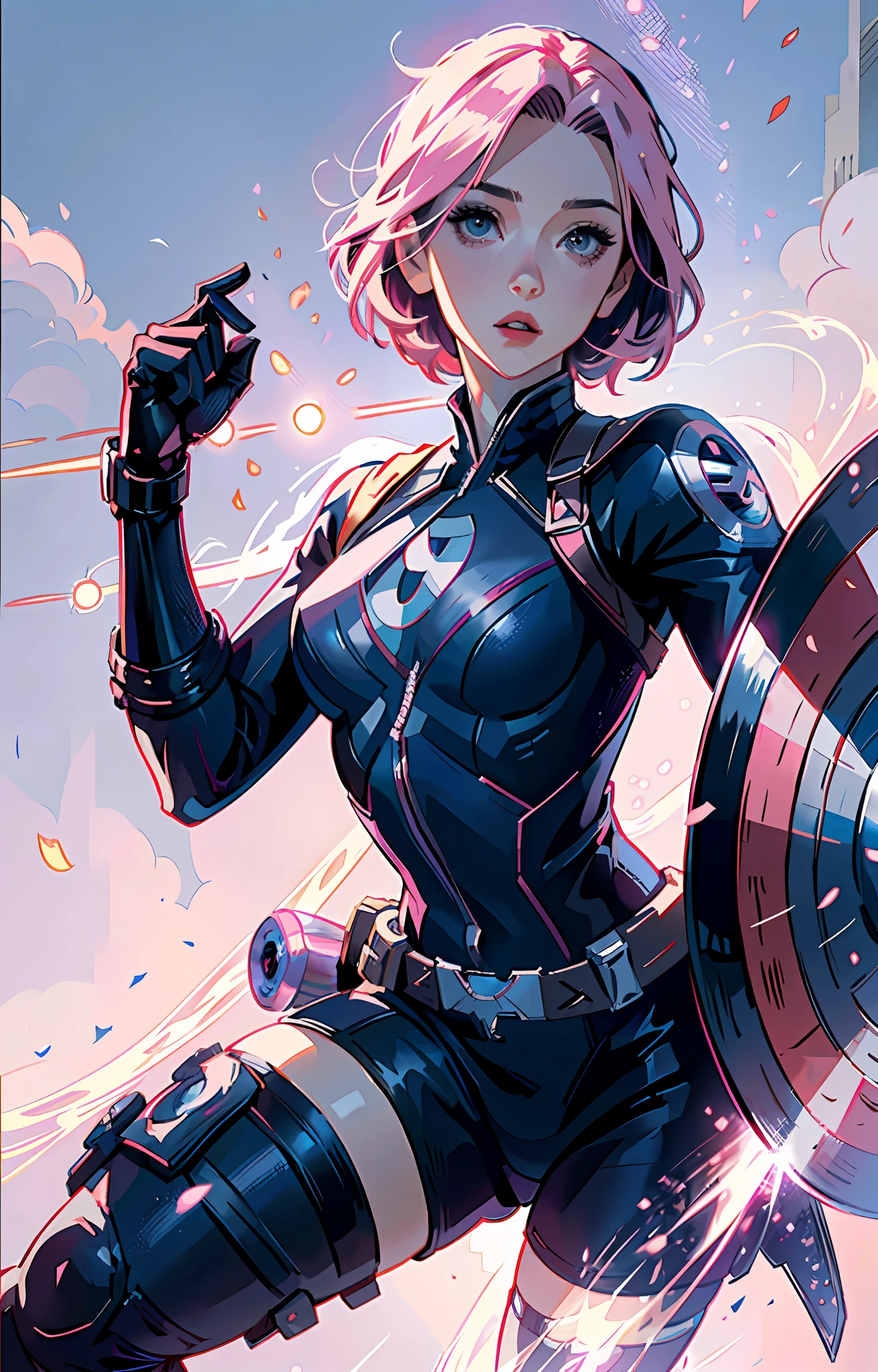 Sakura haruno, cosplayer of Captain America ((solo)), alone, ((forehead the show)), elegant,wearing Captain America uniform, (black widow), pink hair, delicate, young, short hair, detailed face, high definition, ((full body)), (secret mission), full body, ((Avengers)), she is a secret agent, wears nothing in her hair, wears a shield, superheroine