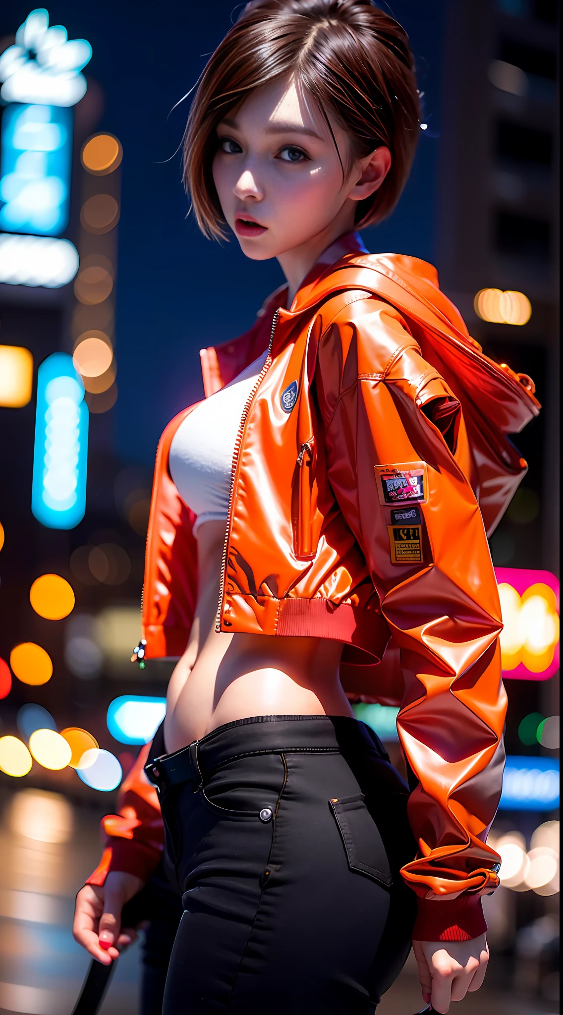 (8k, RAW photo, best quality, masterpiece:1.2), (realistic, photo-realistic:1.37),1girl, short_haircut,wearing free_styles_hightech_jacket, backpack,cityscape, night, wet, professional lighting, photon mapping, radiosity, Korean Doll,torn , medium breasts, free_styles_hoodie_jacket,red,neon orange,