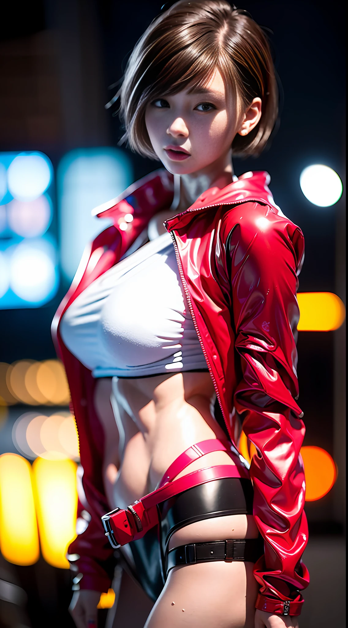 (8k, RAW photo, best quality, masterpiece:1.2), (realistic, photo-realistic:1.37),1girl, short_haircut,wearing free_styles_hightech_jacket, backpack,cityscape, night, wet, professional lighting, photon mapping, radiosity, Korean Doll,torn , medium breasts, free_styles_hoodie_jacket,red,neon orange,