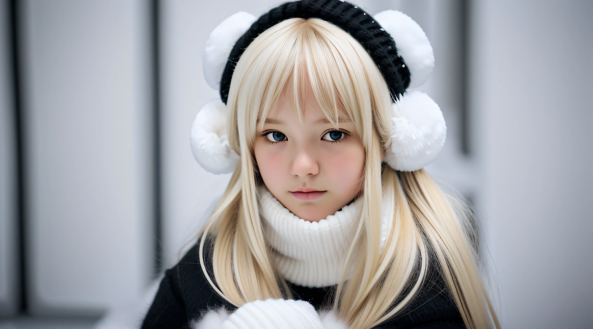 blond girl with long hair wearing a white sweater and black ear warmers, sleepy, wearing fluffy black scarf, sick with a cold, cold, loli, a cold, fluffy bangs, with white fluffy fur, ears, sleepy fashion model face, sad, twintails white_gloves, cuddly fur, teen girl, cold freezing nights, cold winter, black ears