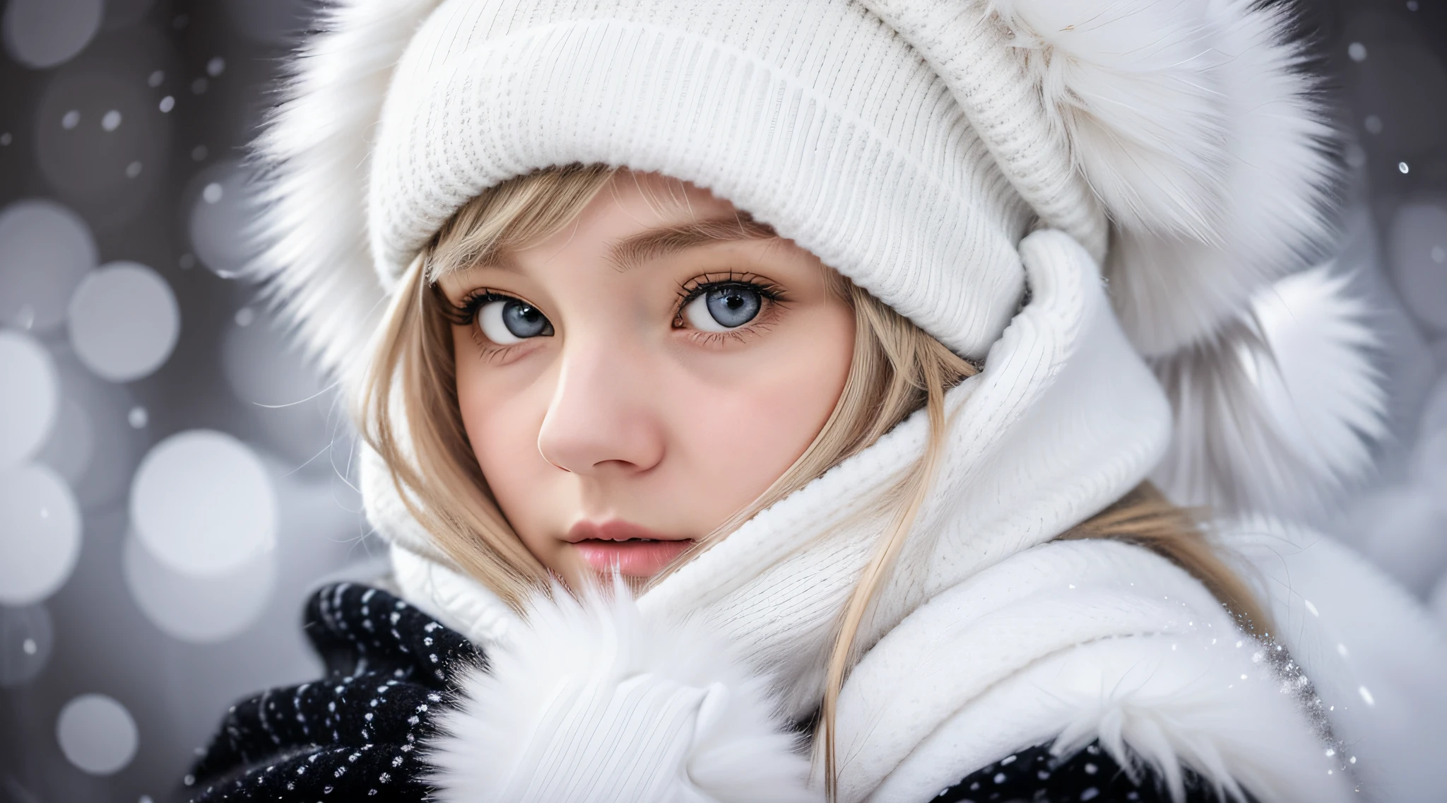 blond girl with long hair wearing a white sweater and black ear warmers, sleepy, wearing fluffy black scarf, sick with a cold, cold, loli, a cold, fluffy bangs, with white fluffy fur, ears, sleepy fashion model face, sad, twintails white_gloves, cuddly fur, teen girl, cold freezing nights, cold winter, black ears