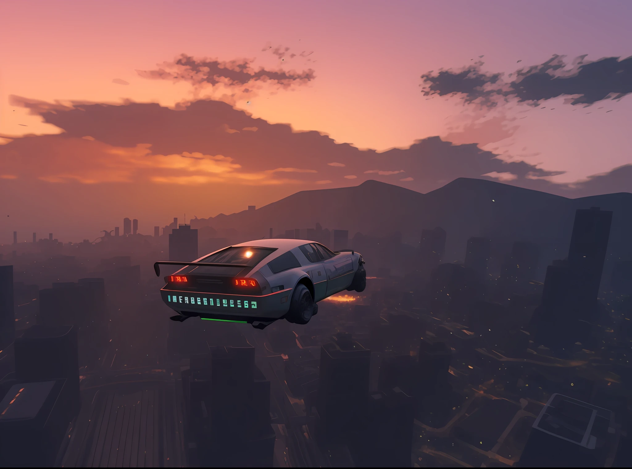 flying cars, flying cars, comic book style, flying vehicles, movie screenshots GTA 5 flies over the sunset, skyscrapers and flying cars, sunset over the city, back in time to the future
