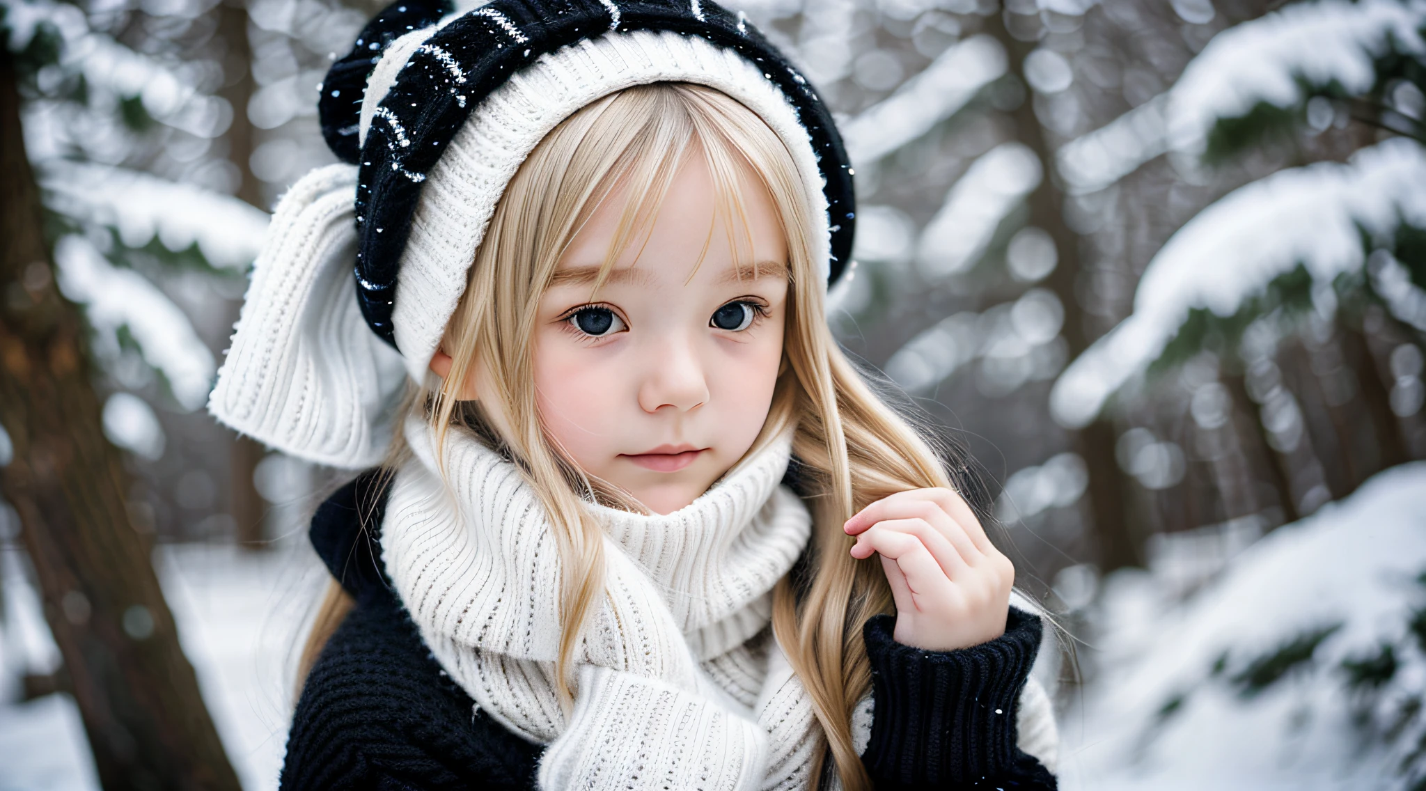 GIRL BLONDE CHILD with long hair wearing a white sweater and black ear warmers, sleepy, wearing cute black scarf, sick with a cold, cold, li, a cold, cute bangs, with cute white skin, ears, sleepy face fashion model, sad, twintails white_gloves, cute skin, teen, freezing cold nights, cold winter, black ears