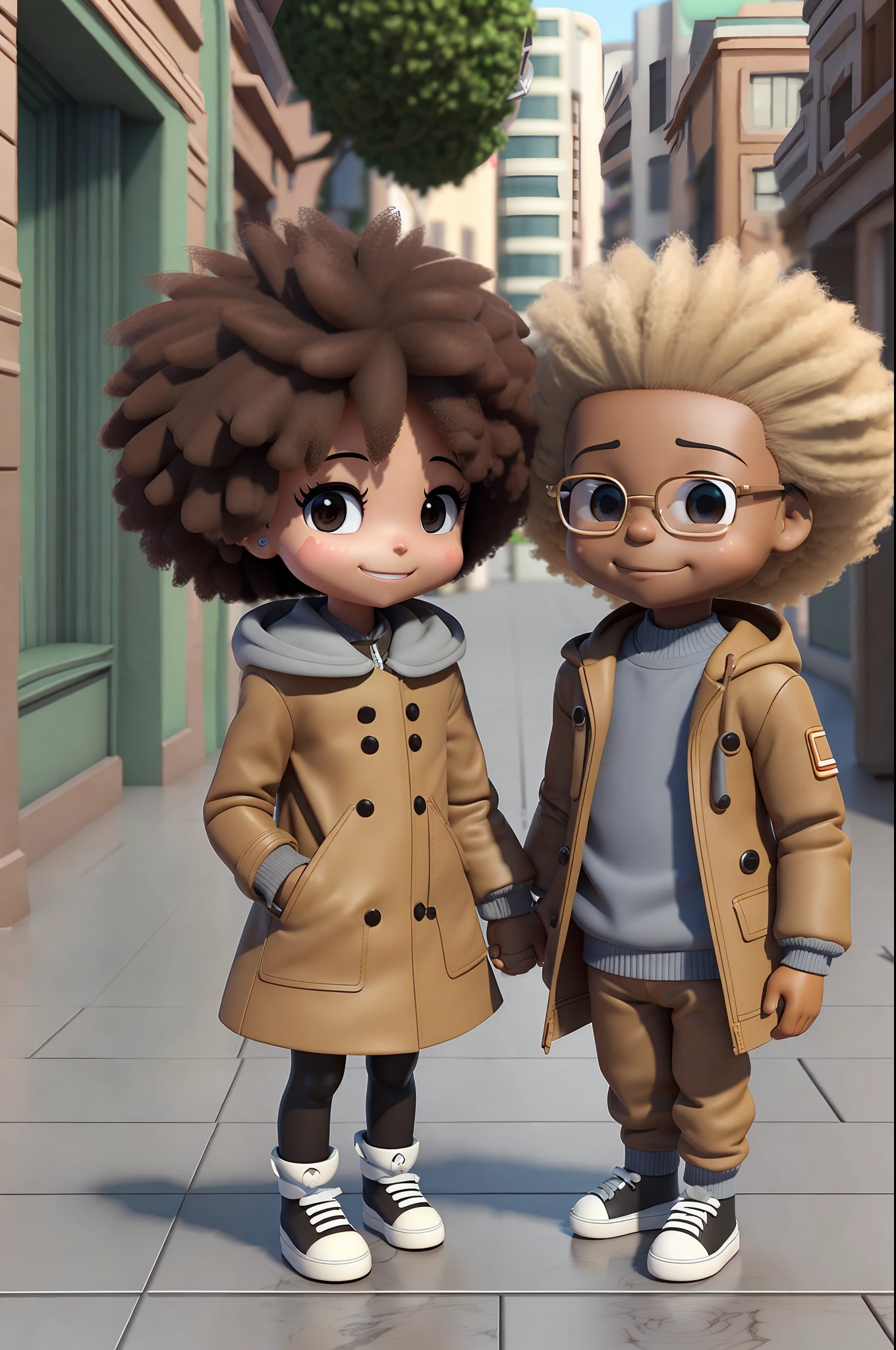 Chibi a pair of funny cartoon characters next to each other in (((3D))), cute smile, detailed affections, highly photographic rendering, chibi, traditional boy-girl afro romance, light brown coat, it's the beginning of all, young handsome, in 3d, ghailan! --auto --s2
