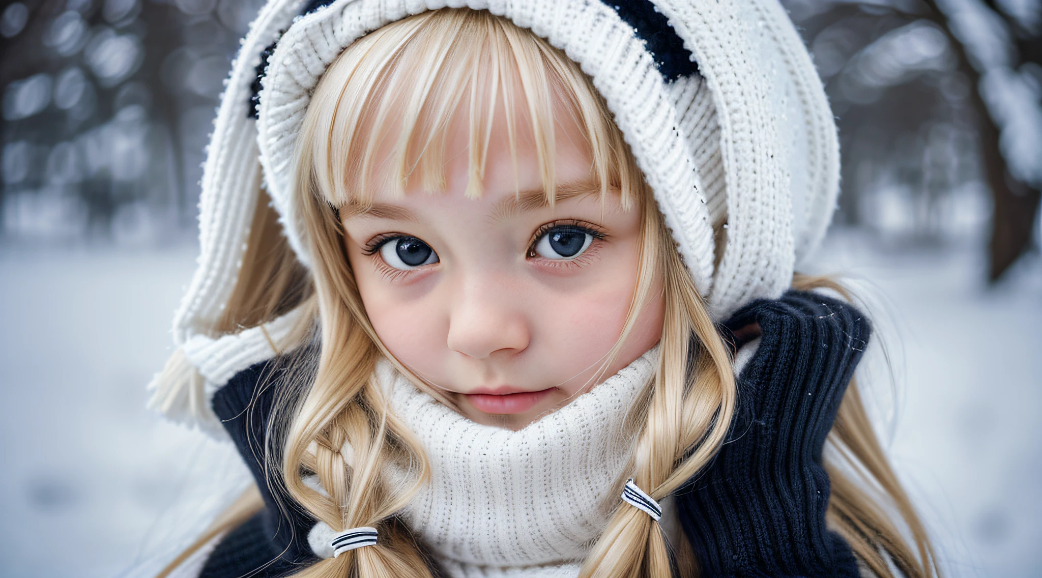 GIRL BLONDE CHILD with long hair wearing a white sweater and black ear warmers, sleepy, wearing cute black scarf, sick with a cold, cold, li, a cold, cute bangs, with cute white skin, ears, sleepy face fashion model, sad, twintails white_gloves, cute skin, teen, freezing cold nights, cold winter, black ears