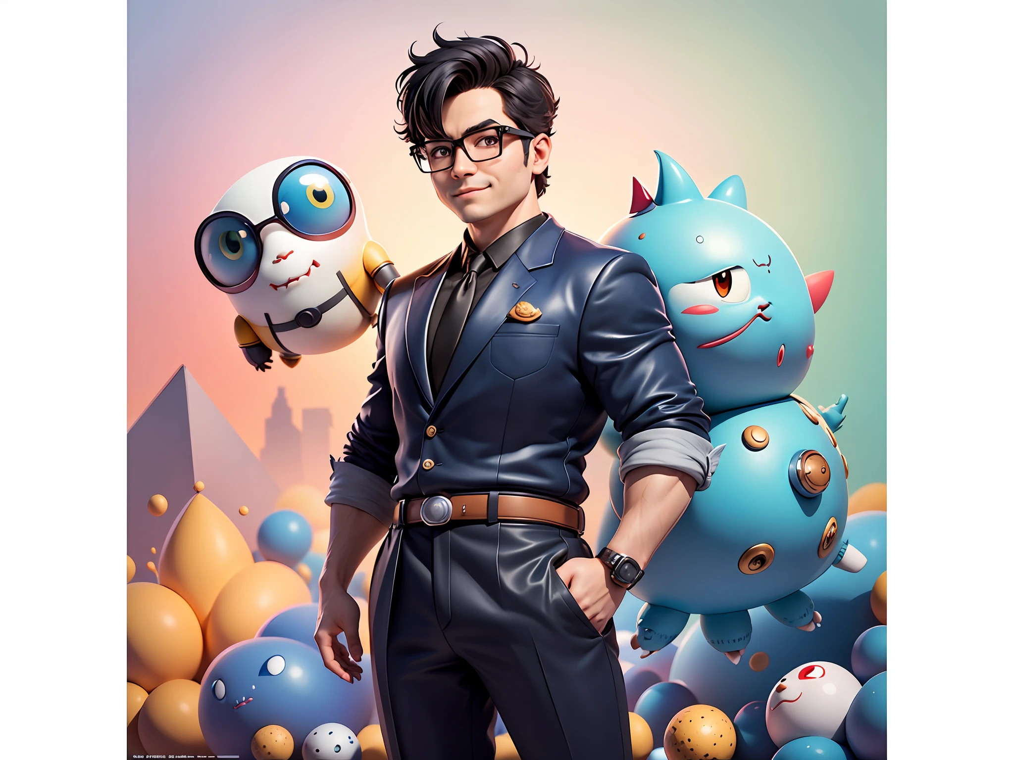 Masterpiece), (Excellent), (Super Meticulous), (Full Body: 1.2), Super Young Woman, Beautiful, Sexy, Bursting, Oriental Face, TV Anchor, Bust Portrait Illustration, Alone, Black Suit, Blue Tie, Silver Glasses, Slightly Chubby Face, Very Clean Face, No Beard, Black Super Short Hair, Black Eyes, Confident Smile, 3c Computer Sub-Products, iPad, iPhone, Digital Painting, 3D Character Design by Akira Toriyama with Mark Claireden and Pixar and Hayao Miyazaki, The illustration is a high-definition illustration in 4K resolution with very detailed facial features and cartoon-style visuals.