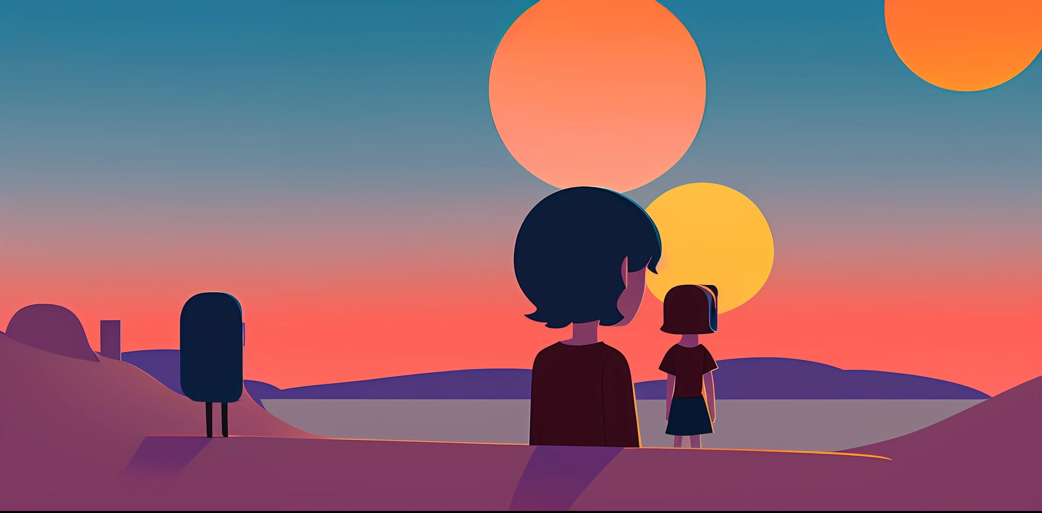 a cartoon sunset illustration, landscape illustration, chillhop, simple and clean illustration, digital illustration, animation illustrative style, inspired by Emiliano Ponzi, sunset mood, james gilleard artwork, inspired by James Gilleard, detailed digital illustration, blurred and dreamy illustration, adobe illustrator art, flat illustration