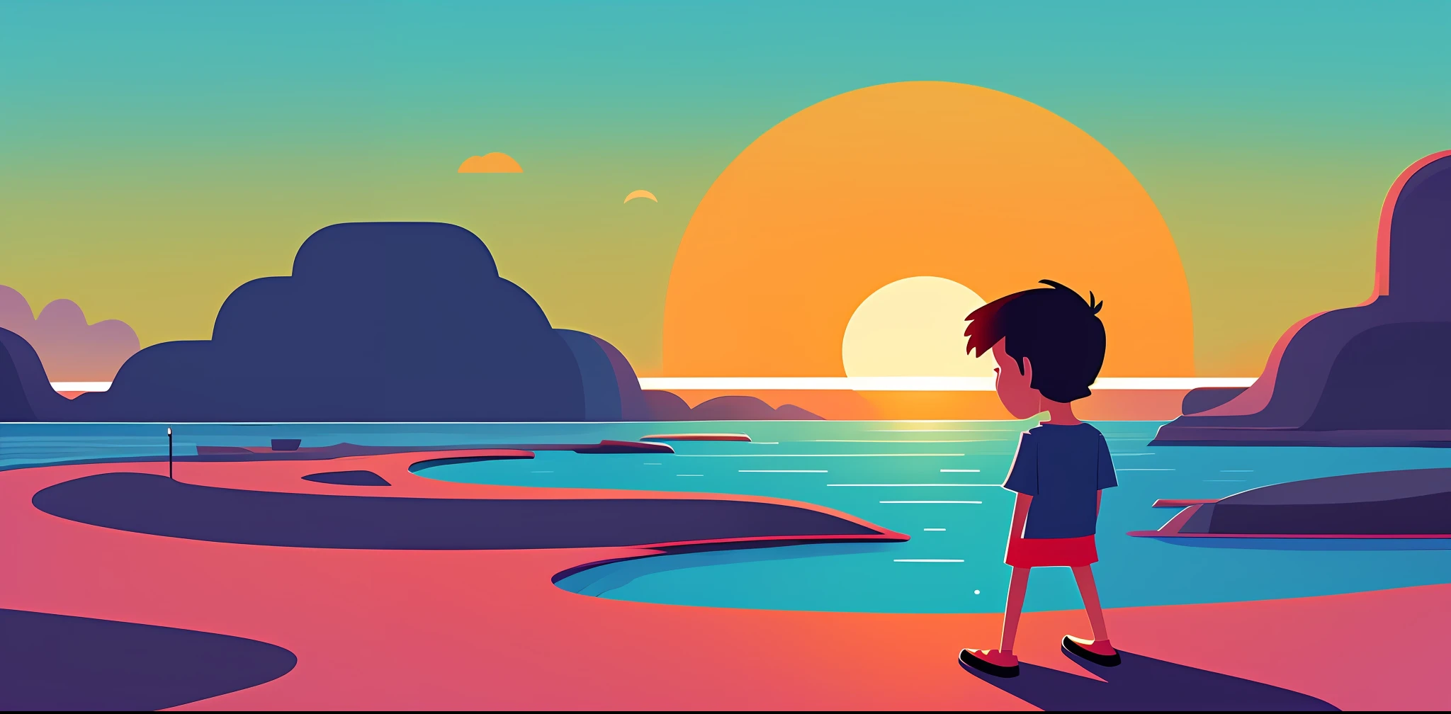 a cartoon sunset illustration, landscape illustration, chillhop, simple and clean illustration, digital illustration, animation illustrative style, inspired by Emiliano Ponzi, sunset mood, james gilleard artwork, inspired by James Gilleard, detailed digital illustration, blurred and dreamy illustration, adobe illustrator art, flat illustration