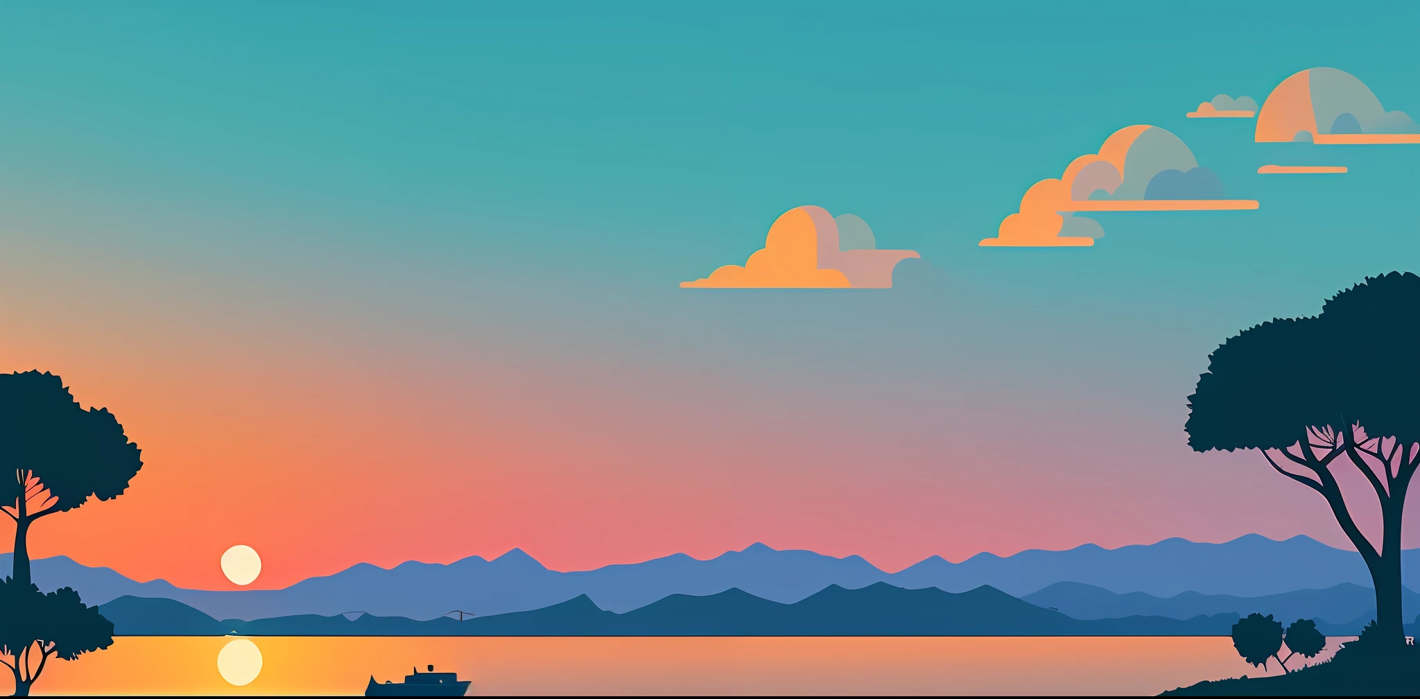 a cartoon sunset illustration, landscape illustration, chillhop, simple and clean illustration, digital illustration, animation illustrative style, inspired by Emiliano Ponzi, sunset mood, james gilleard artwork, inspired by James Gilleard, detailed digital illustration, blurred and dreamy illustration, adobe illustrator art, flat illustration