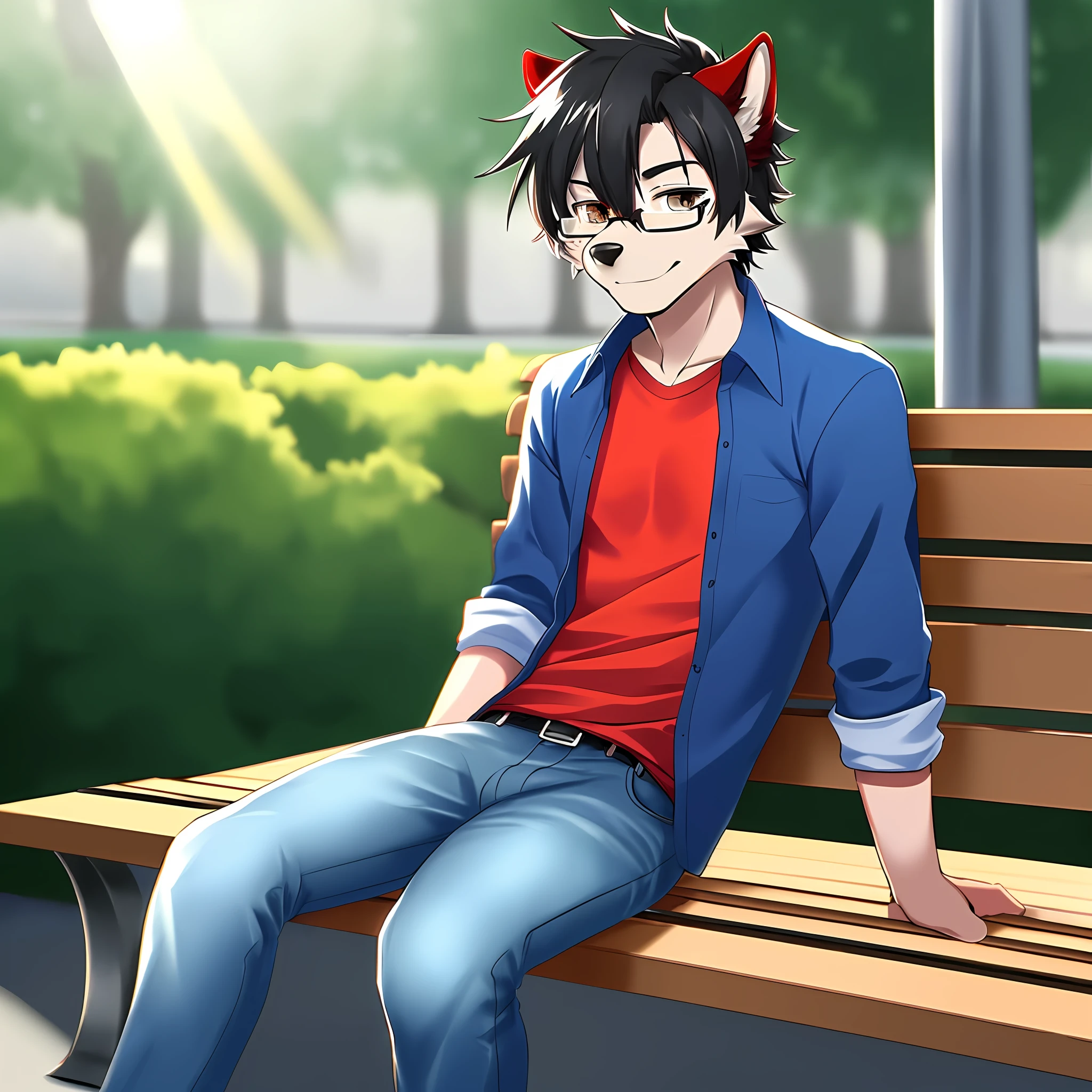 masterpiece, anthro, wolf with red fur, male, blue shirt and jeans, glasses, black hair, solo, no group, not double, smiling, great lighting, soft light, no logo marked, sitting on the park bench, in the style of Saiki Kusuo, focus on the character, framed, no extra limbs, skinny