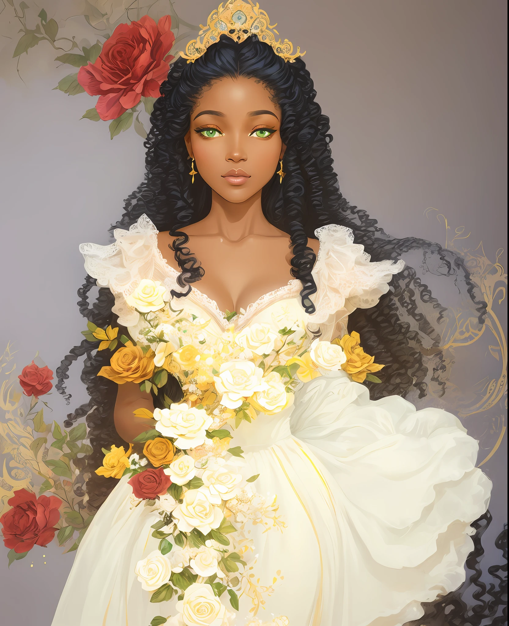 ((gorgeous ebony princess)), (with long flowing curly hair), (bright and beautiful honey eyes), trending on Art Station, flower of hope by Jean-Honor Fragonard, Peter mohrbacher, super detailed, crazy details , stunning sophisticated elite art nouveau ornate liquid wax elegant luxurious greg rutkowski ink style sticker vector art beautiful character design double exposure shot luminous design, winning entry, masterpiece, amoled (green and yellow and blue and white) roses background