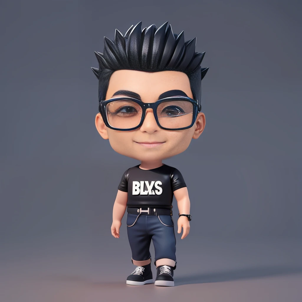 a male asian Fashion designer boss, 48-years-old, huge head, short spiky haircut,smile with very deep dimples,fit, clean shave, Highly detailed face, wearing Black Square Myopia Glasses, Wear black T-shirt and dark blue jeans and black running shoes, best quality, 3d cartoon,full body view, fantasy, dreamlike, surrealism, super cute, trending on artstation