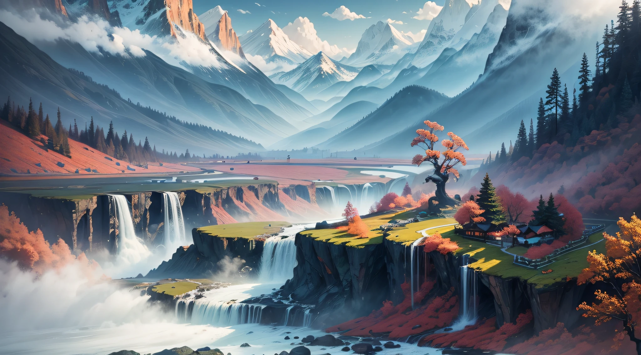 Chinese splashed ink landscape, majestic, mountains, waterfalls, forests, white clouds, 8K, fine details, high definition --auto --s2