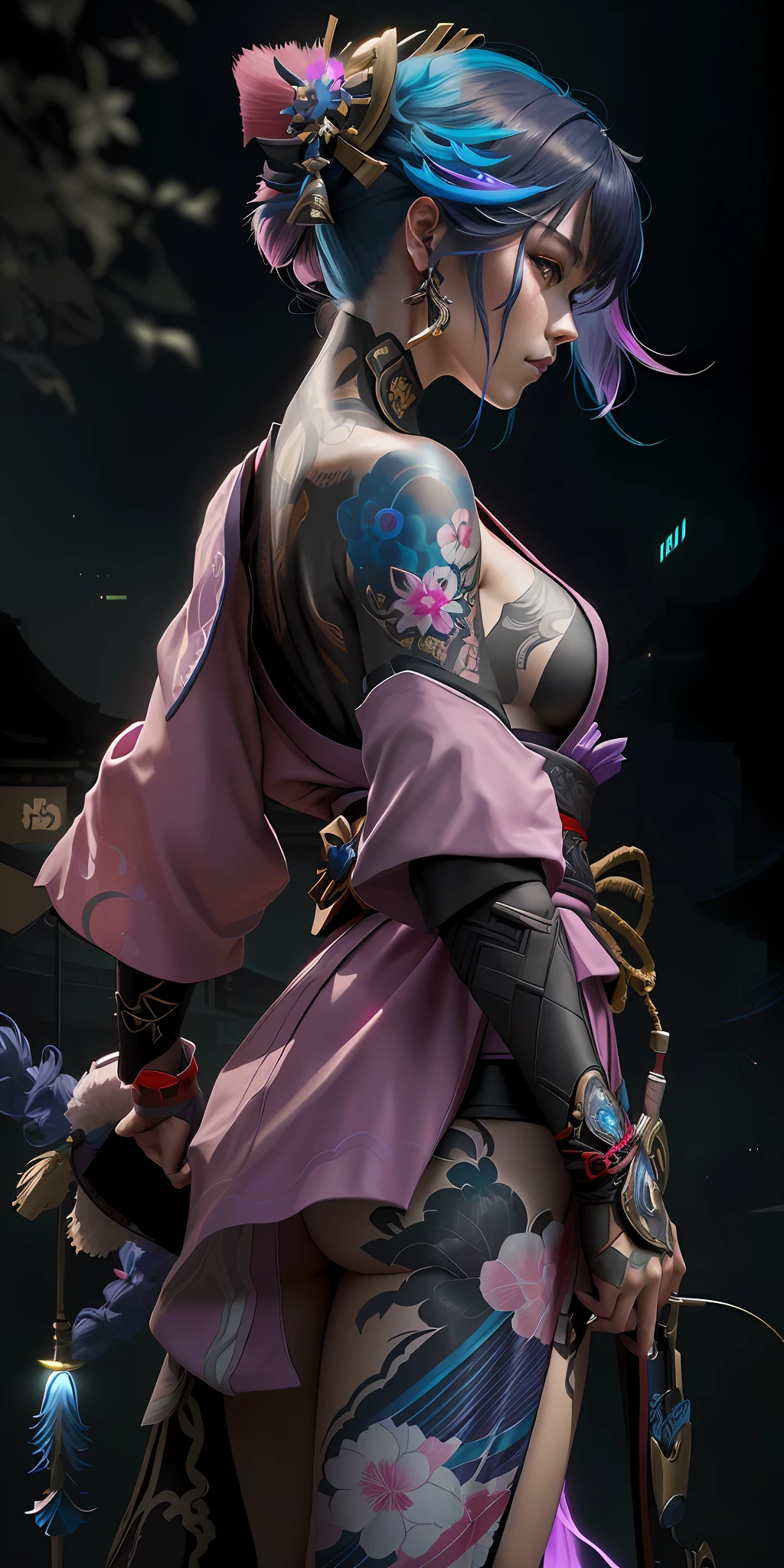 a closeup of a woman (Shogun Hey/Genshin impact) with tattoos holding a blue knife with gold details and light electric rays all around, very cute cyberpunk samurai, Genshin impact's character; full body art, Genshin impact video game character, zero katana, cyberpunk samurai, female samurai, amazing details. colorful, cyberpunk geisha, 8k high quality detailed art, like a character in Genshin impact, hyper-detailed fantasy character, detailed full-body concept, unreal engine character art, ((naked))