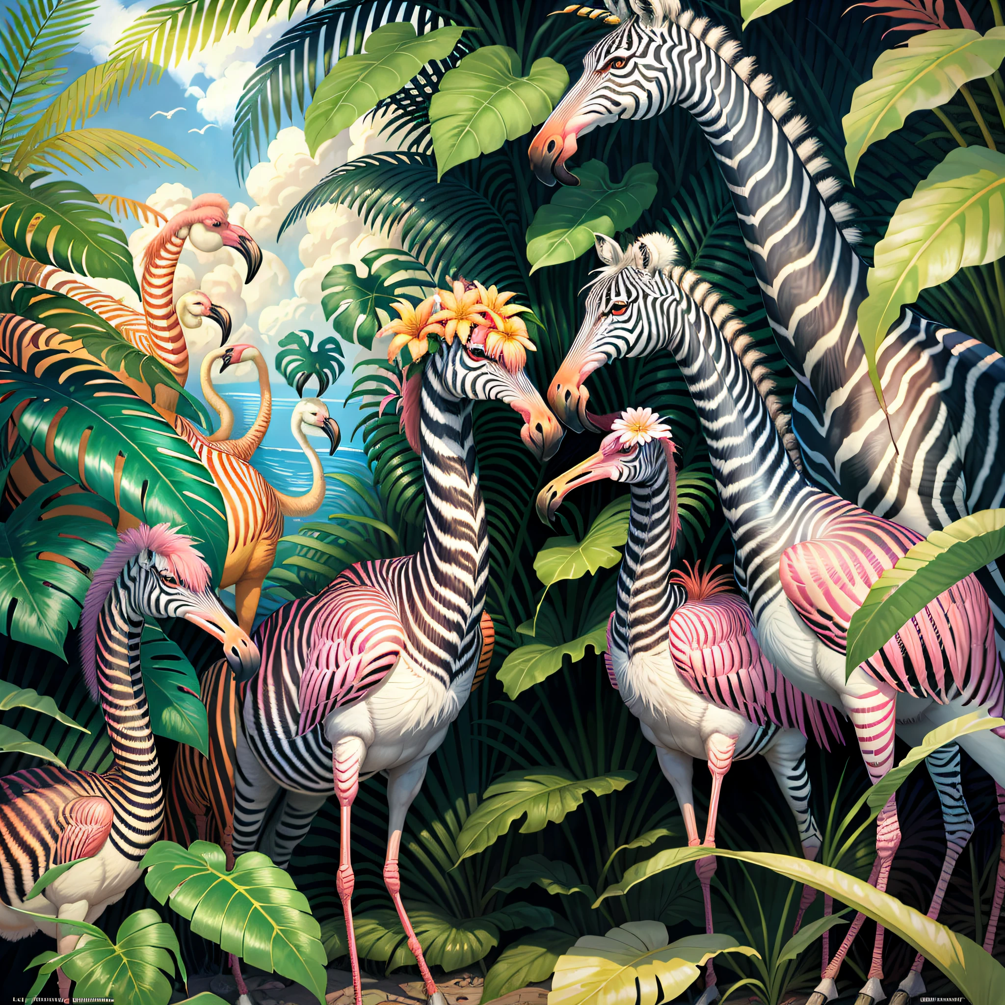 zebra and flamingos in the jungle with palm trees and flowers, jim warren, tropical, by Susan Heidi, tropical paradise, by David B. Mattingly, by Joe Jusko, by Wayne England, amazing background, tropical birds, wildlife illustration, by Richard Mayhew, by Ron Walotsky, hildebrandt, filled with fauna, tropical atmosphere --auto --s2
