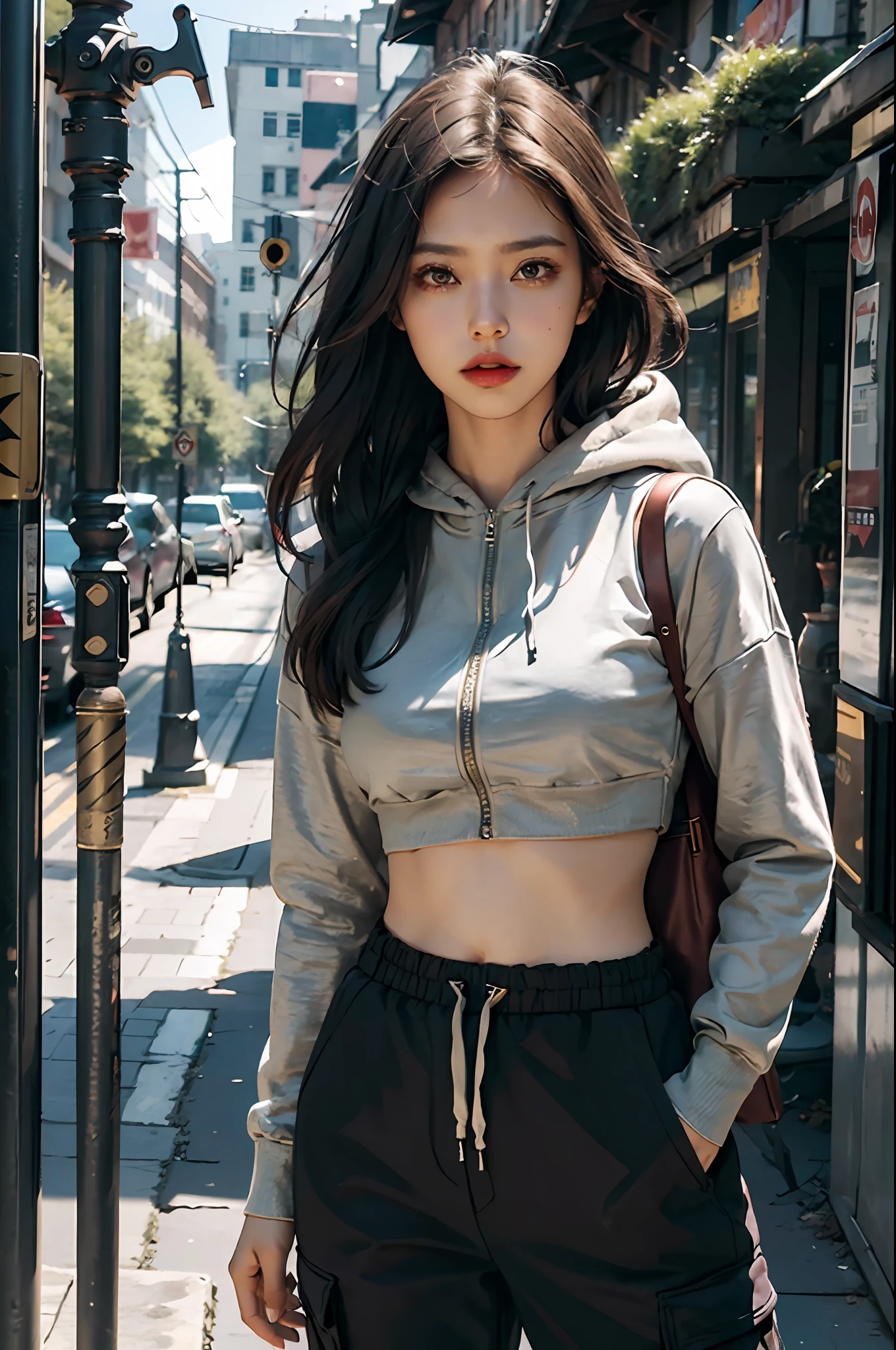 (masterpiece), (best quality), (high details realistic), (eyes details), dark theme, soothing tones, muted colors, high contrast, (natural skin texture, hyperrealism, soft light, sharp), golden holy aura glow, particles, exposure blend, bokeh, crop top, zip-up hoodie, cargo pants, sexy, cowboy shot, eyes focus, eye level, asymmetrical, geometric, scenery, night, street light, long exposure, slightly higher ISO, low saturation, (hyperdetailed:1.2), (noir:0.4)