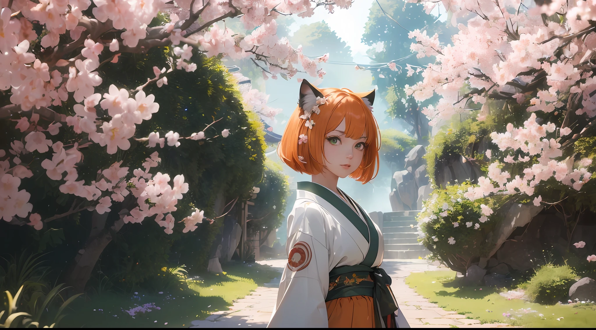 ((masterpiece:1.5)), ((full body)), ultra high res, photorealistic, realistic, best quality, photo-realistic, (((high detailed skin)), (8k, raw photo, best quality), (1 cute girl), (bob cut), (short orange hair), ((cat ear)), ((japanese clothes:1.3)), Japan, ((sakura)), flowers, ((green eyes)), automatic white balance, (((face close-up))), ((((looking at viewer)))), SFW, dynamic hair,  highly detailed, more details, cinematic atmosphere, correct anatomy, epic scene, global illumination, detailed and intricate environment, modelshoot style, 8K UHD, concept art, octane render