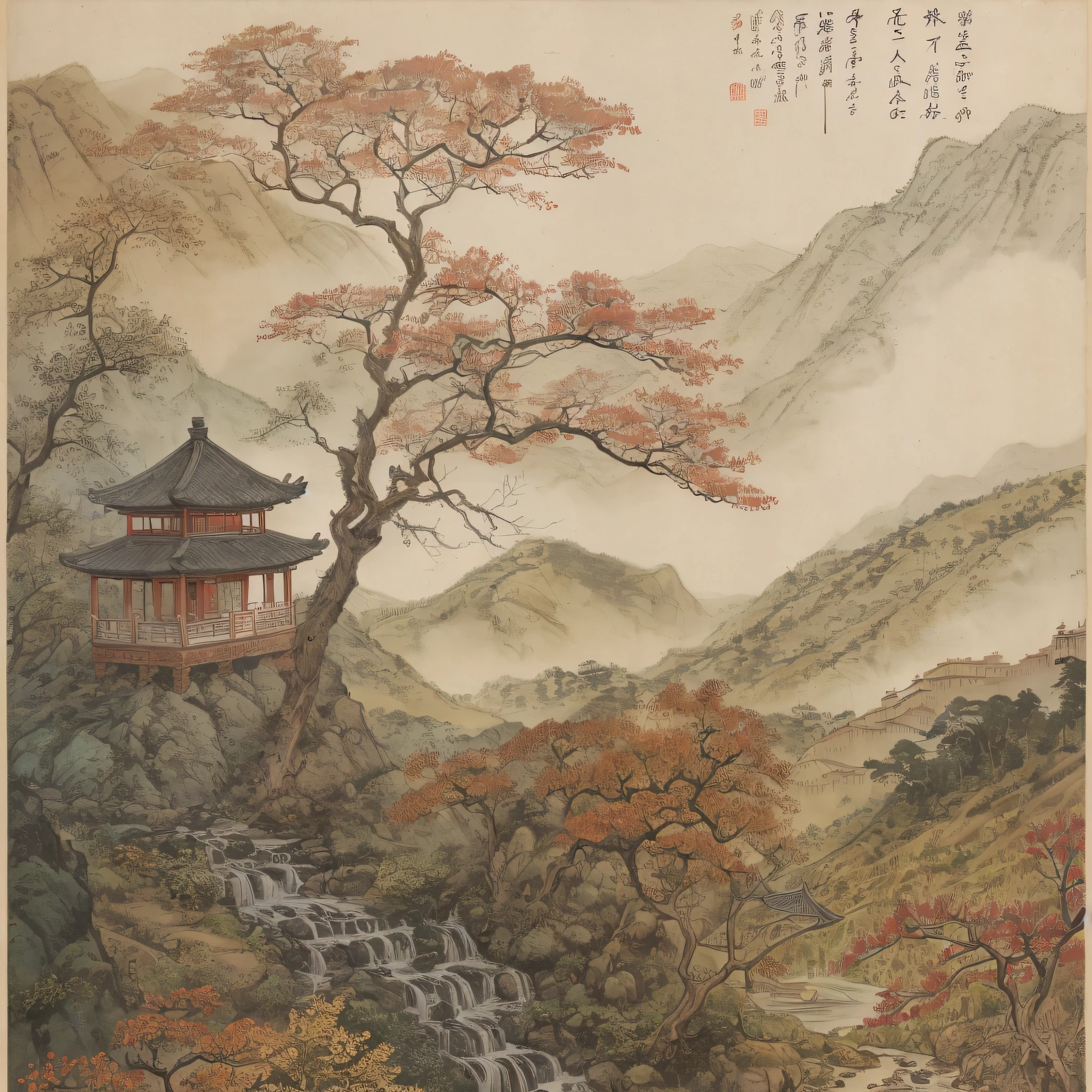 Chinese landscape painting, mountains, waterfalls, forests, pavilions --auto --s2