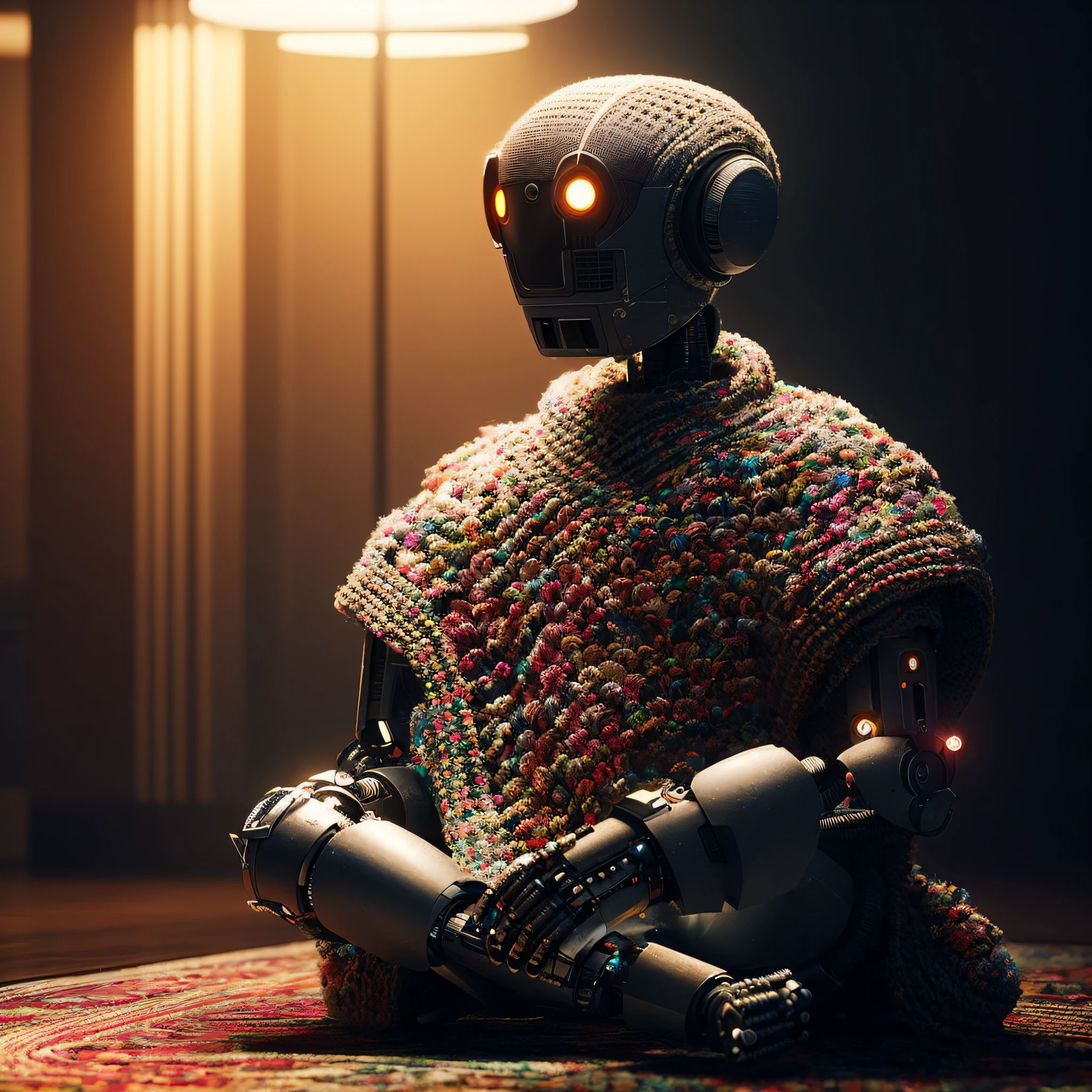 There's a robot sitting on the floor in a choche suit and a crochet burrow, a cyborg meditating, close-up of a seated robot, beautiful octane rendering, intricate 8K rendering, fantasy-style 8K rendering, detailed humanoid, beeple. octane render, created in octane render, amazing octane render, insanely detailed octane render, octane render aesthetic, fashion photography, fashion, blurry background
