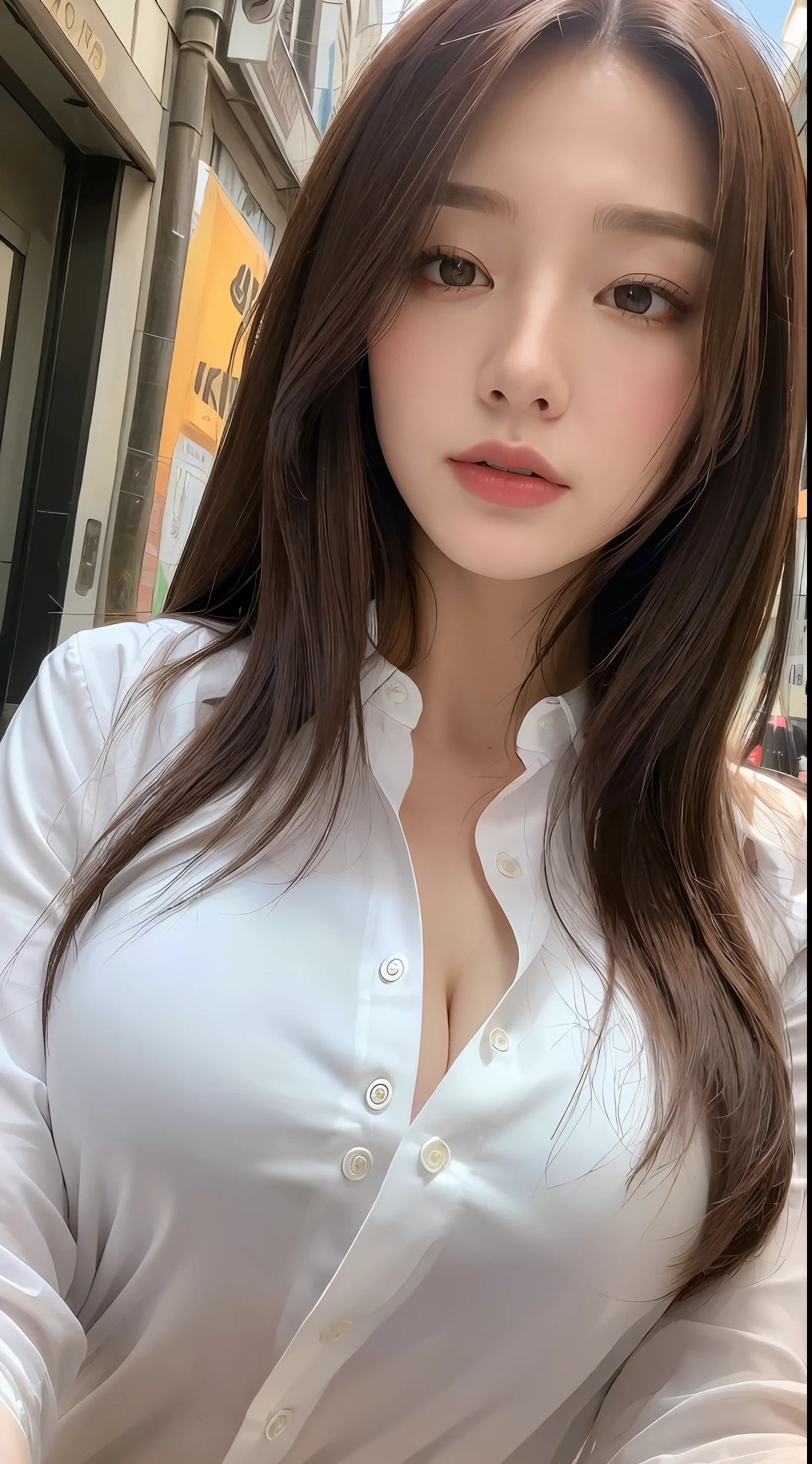 ((Best quality, 8k, Masterpiece :1.3)), Sharp focus :1.2, A pretty woman with perfect figure :1.4, Slender abs :1.2, ((Dark brown hair, Big breasts :1.2)), (White button up long shirt :1.1), City street:1.2, Highly detailed face and skin texture, Detailed eyes, Double eyelid