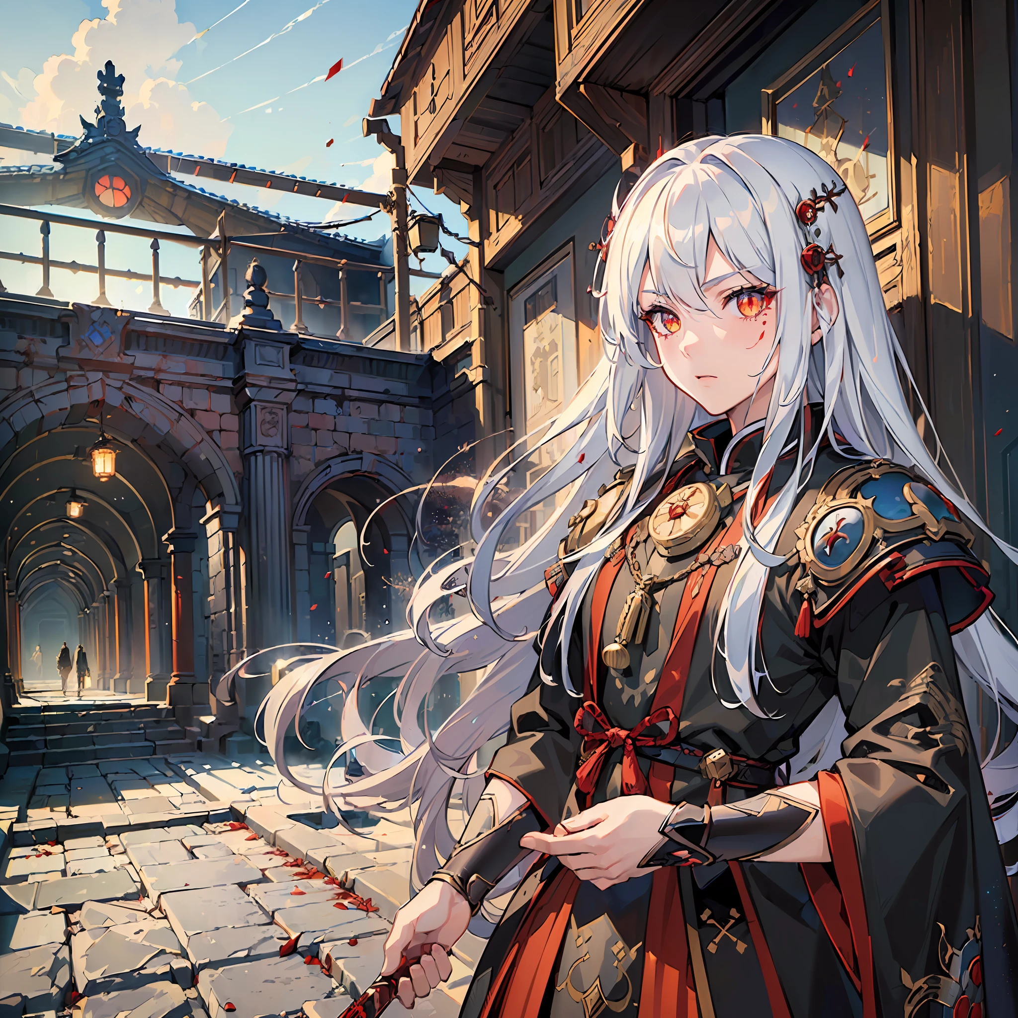(masterpiece:1.4), (best quality:1.2), (landscape), (extremely detailed CG 8k unit wallpaper), (cinematic lighting), a ((man:1.5)) from (long white hair), (blood stains scattered around place), wearing medieval samurai robes, (glowing eyes, bright, sparkling:1.4), color (red), background of artistic scenery, abandoned, dirty, giving an air of terror.