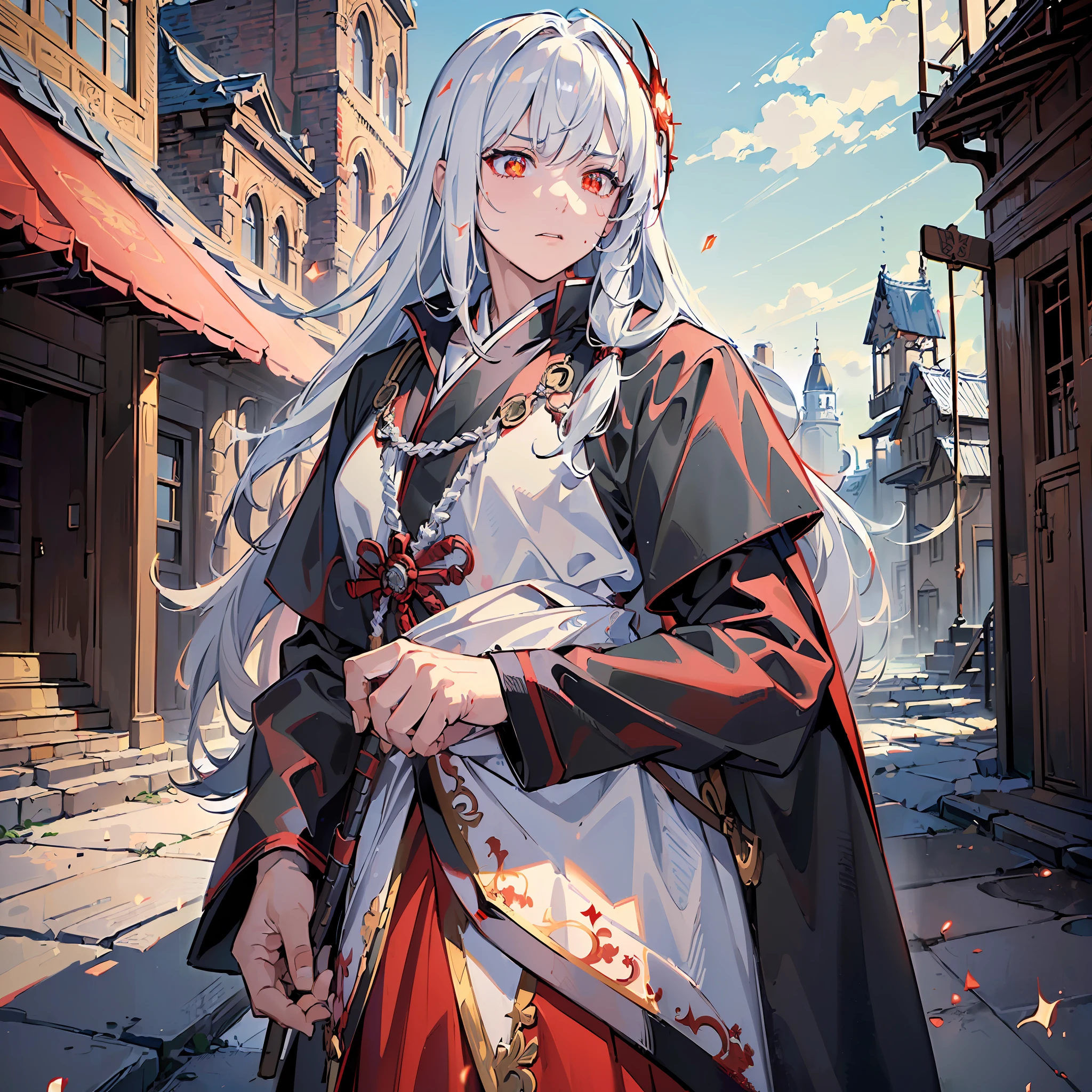 (masterpiece:1.4), (best quality:1.2), (landscape), (extremely detailed CG 8k unit wallpaper), (cinematic lighting), a ((man:1.5)) from (long white hair), (blood stains scattered around place), wearing medieval samurai robes, (glowing eyes, bright, sparkling:1.4), color (red), background of artistic scenery, abandoned, dirty, giving an air of terror.