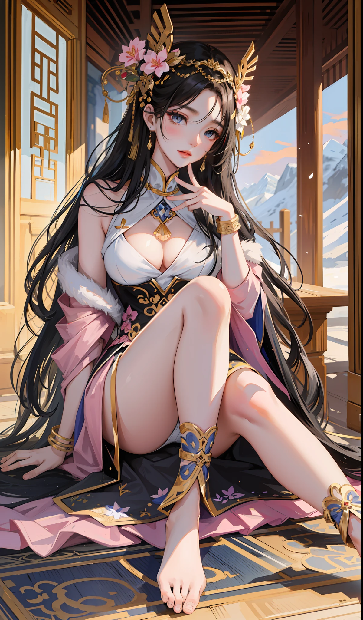 A woman wearing gorgeous clothes in ancient China, superlative, long black hair, Chinese-style headdress, intricate and detailed jewelry, blingbling jewelry, wearing Dunhuang-style clothes, like a fairy descending, full of wisdom, fresh temperament, fair skin, long black hair, flowing long hair, messy and scattered hair, afternoon sunset, edge lighting, best light and shadow, best shadow, sparkling, dreamy picture, snowy mountains in the distance, complex clothes, flying Ayara, There is a kind of scent, body fragrance, petals, surrounded by petals, outside the temple in Tibet, 1girl, ultra HD, complex light and shadow, dancing, light makeup, big eyes, long eyelashes, slim, good-looking long legs, thin waist, will be deeply attracted by the characters in the painting, the most beautiful woman in the world, 25 years old, mysterious, bare feet, gold on the head, wearing a bracelet, expression seduction, pink blush, looking at the audience, extraordinary temperament, (half), detailed face, detailed face, ultra HD, 8K, Real skin, hyper-realistic, surrealism, complex clothes, backlight is the red of the sun, super light and shadow expression, clothes are very gorgeous, dunhuang_style_close, Chinese architecture, biting clothes, making shy expressions, looking at the camera, (bust close-up), (side: 1.3), overhead lens, sun flare, (clothes are very long satin falling everywhere), art style, decorative painting style composition, full of color, normal beautiful eyes, lens sense, Dynamic, dance moves, imaginative compositions, and more gorgeous