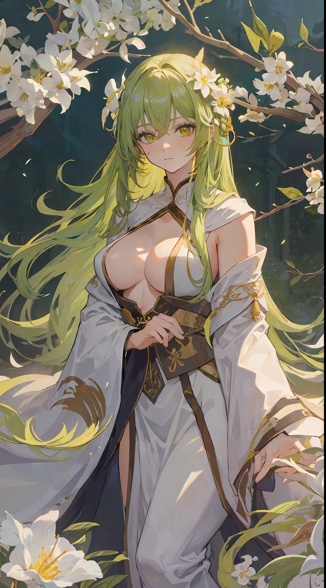 1mature girl, green long hair, golden eyes, white sage robe, she have white flower in her head and medium boobs