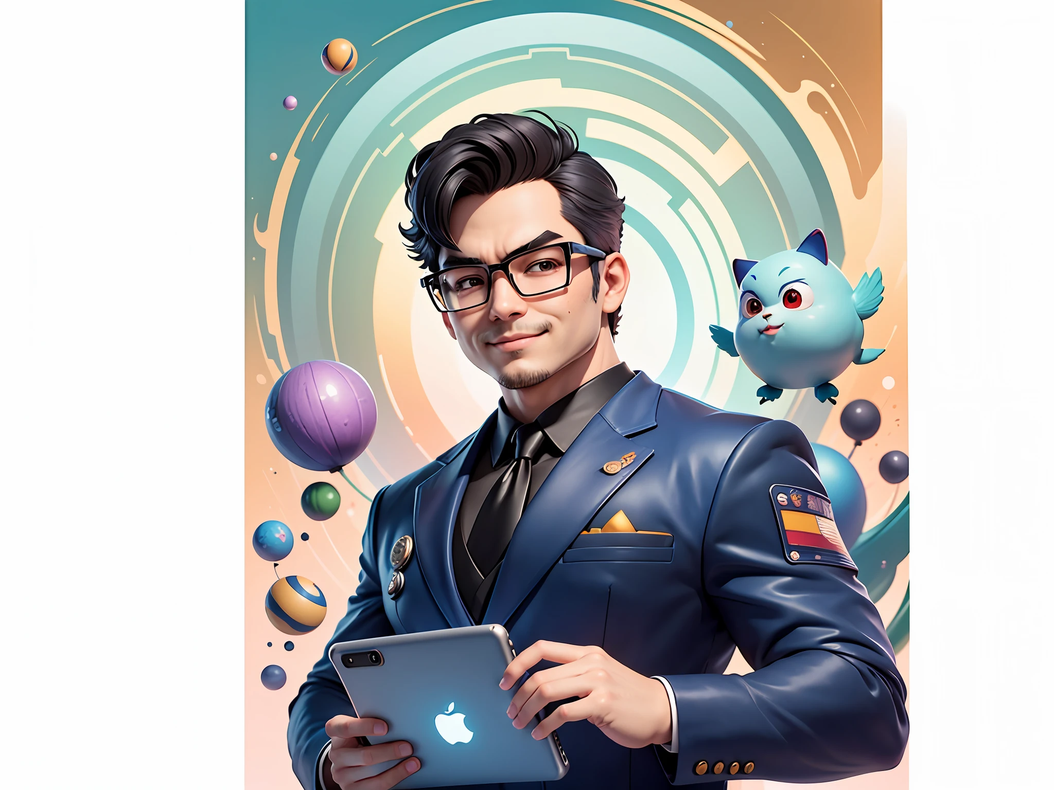 Masterpiece), (Excellent), (Super Meticulous), (Full Body: 1.2), Super Young Woman, Beautiful, Sexy, Bursting, Oriental Face, TV Anchor, Bust Portrait Illustration, Alone, Black Suit, Blue Tie, Silver Glasses, Slightly Chubby Face, Very Clean Face, No Beard, Black Super Short Hair, Black Eyes, Confident Smile, 3c Computer Sub-Products, iPad, iPhone, Digital Painting, 3D Character Design by Akira Toriyama with Mark Claireden and Pixar and Hayao Miyazaki, The illustration is a high-definition illustration in 4K resolution with very detailed facial features and cartoon-style visuals.