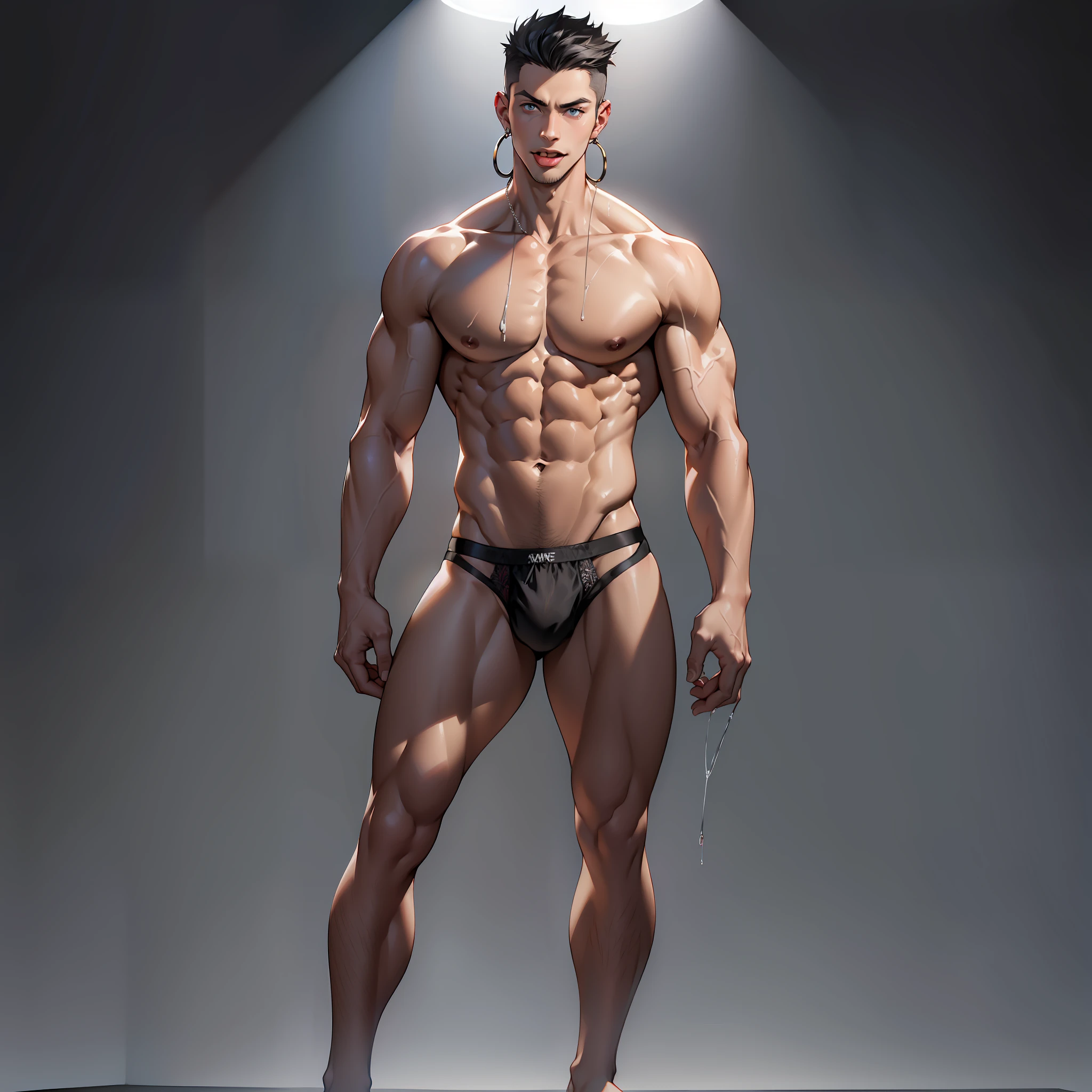 panorama, a young male model, half nude, bareleg, barefoot, shooting panties commercial, black quadrangular panties, abs, poss, domineering eyes, standing, white background, spotlight, full body, feet, saliva, tongue out, heavy breathing, moaning, panorama, nipple ring, metal ring on chest