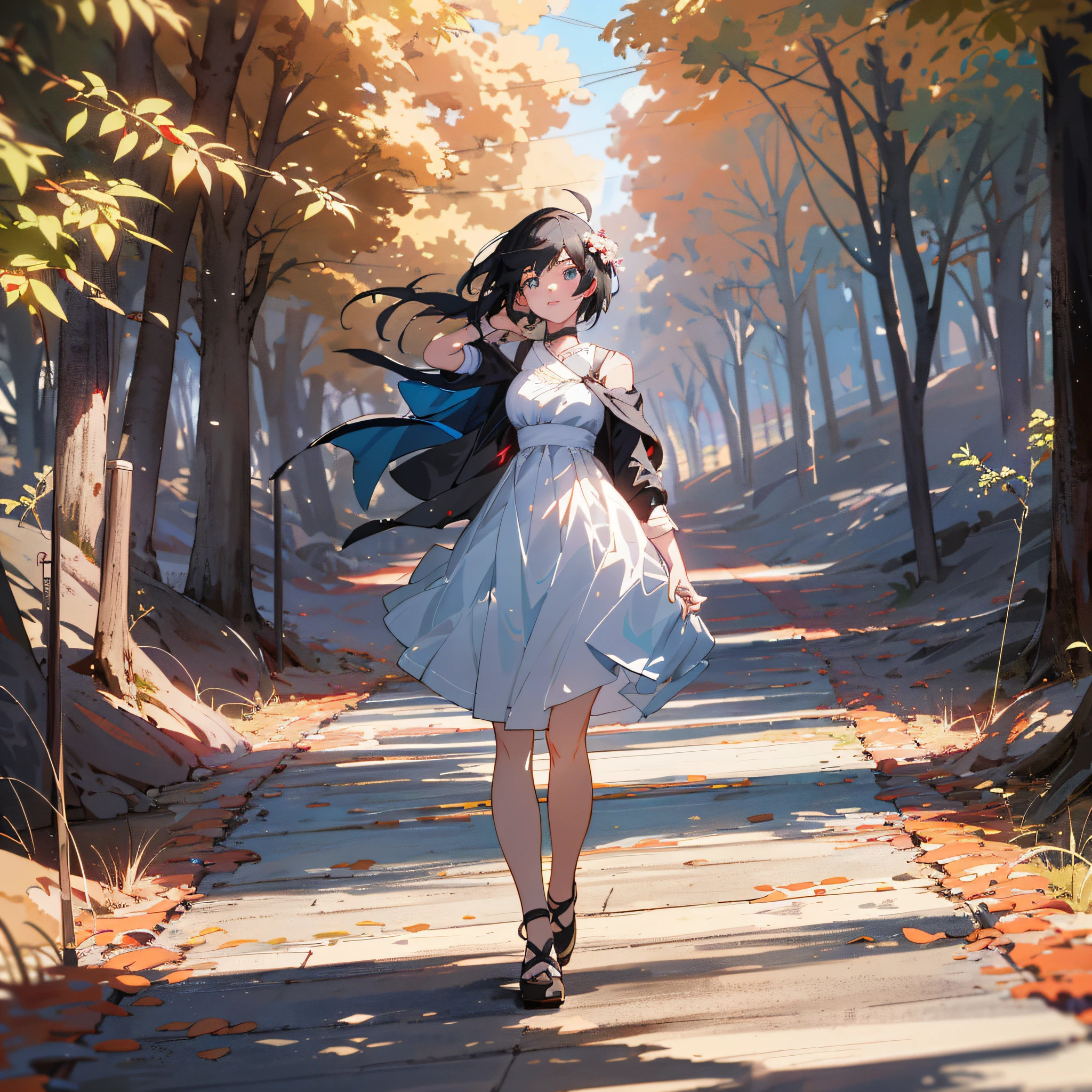 anime girl walking down a path in a white dress, artgerm and atey ghailan, beautiful anime artwork, trending on artstation pixiv, beautiful anime art, ross tran. scenic background, guweiz on artstation pixiv, beautiful anime art style, guweiz on pixiv artstation, by Yang J, anime style 4 k