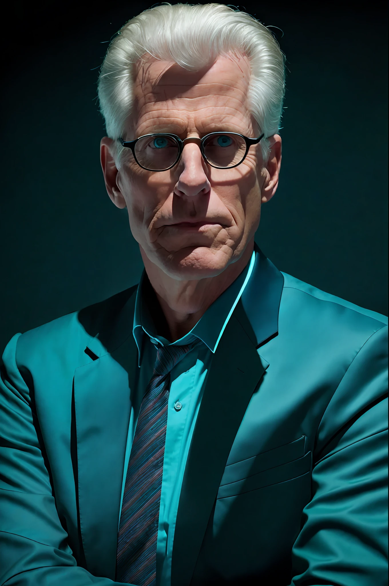 Portrait of an award-winning photo of Ted Danson posing in a dark studio, (rim lighting,: 1.4) two-tone lighting, sharp focus, teal hue, octane, unreal, dimly lit, low key,