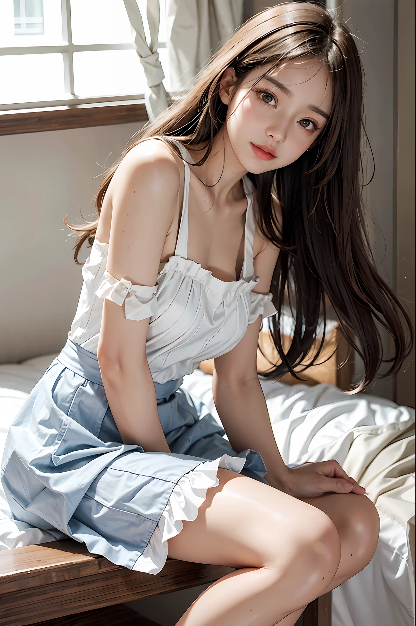 Masterpiece, best picture quality, one beautiful girl, detailed eyes, swollen eyes, brown hair, long hair, fair skin, cute, cute legs, short skirt, Japanese woman, Asian beauty, moonlight, strong eyes, professional lighting, bright lighting, double eyelids, slender, Japanese woman, Asian beauty, short skirt, huge smile, sweat, fresh, cute white apron with frills, bright white bedroom, looking front, close-up, young face,