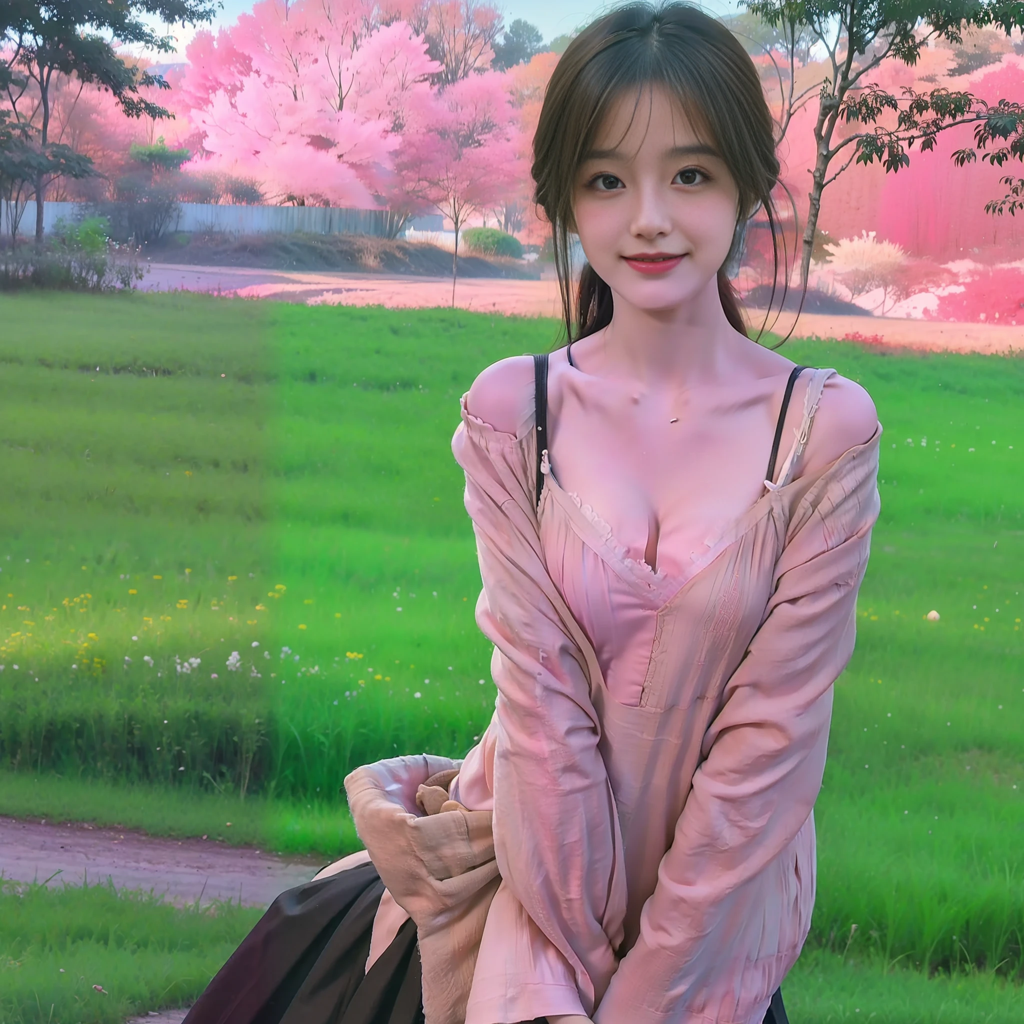 Photos of vast landscapes, (from below, sky above, open fields below), a girl standing on a flower field looking up, (Full Moon: 1.2), (Meteor: 0.9), (Nebula: 1.3), Distant Mountains, Trees BREAK Making Art, (Warm Light Source: 1.2), (Firefly: 1.2), Lamps, Intricate Details, Volume Lighting BREAK (Masterpiece: 1.2), (Best Quality), 4K, Ultra Detailed, (Dynamic Composition: 1.4), Detailed, Colorful, (Rainbow Color: 1.2), Big Breasts, Erotic Lingerie, (Glow, Atmospheric Illumination), (Solo: 1.2), Slip Dress, Pathetic, Blush, Short Skirt, Delicate Hair, White, Smile