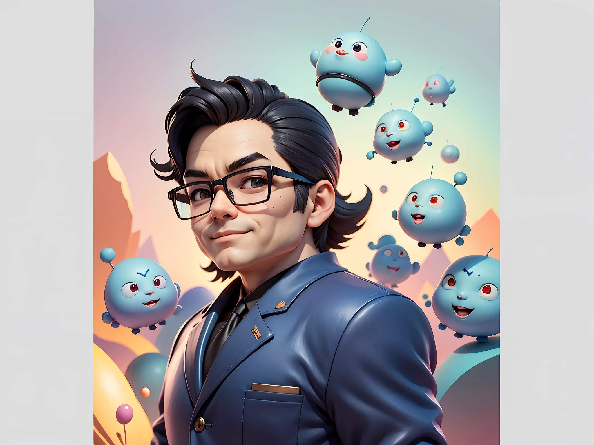 Masterpiece), (Excellent), (Super Meticulous), (Full Body: 1.2), Super Young Woman, Beautiful, Sexy, Bursting, Oriental Face, TV Anchor, Bust Portrait Illustration, Alone, Black Suit, Blue Tie, Silver Glasses, Slightly Chubby Face, Very Clean Face, No Beard, Black Super Short Hair, Black Eyes, Confident Smile, 3c Computer Sub-Products, iPad, iPhone, Digital Painting, 3D Character Design by Akira Toriyama with Mark Claireden and Pixar and Hayao Miyazaki, The illustration is a high-definition illustration in 4K resolution with very detailed facial features and cartoon-style visuals.