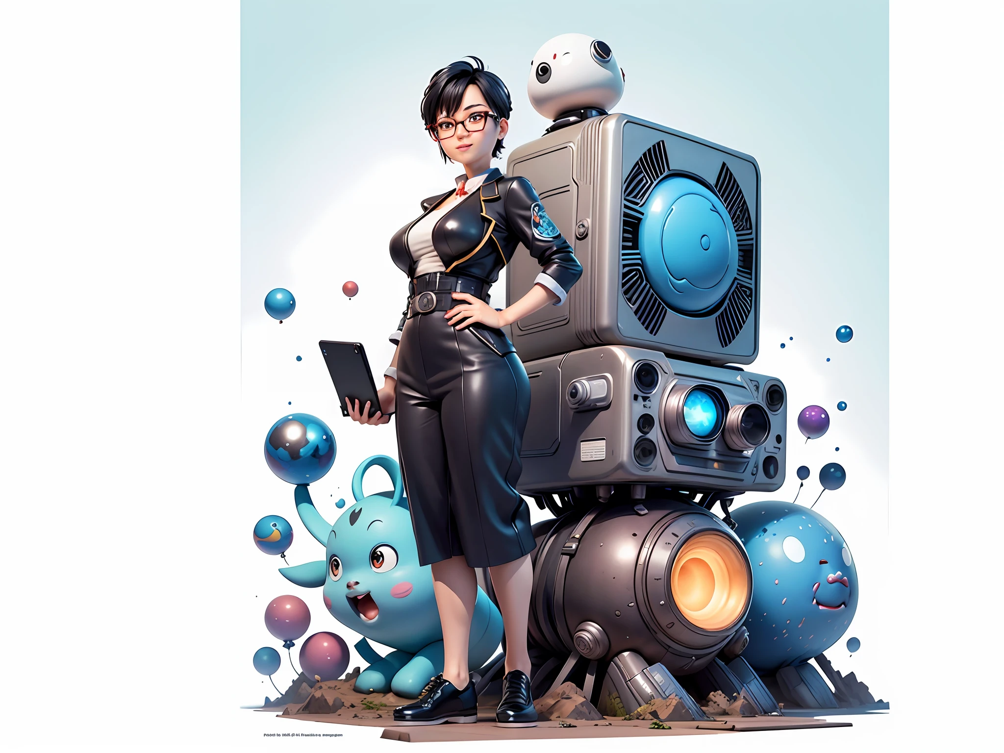 Masterpiece), (Excellent), (Super Meticulous), (Full Body: 1.2), Super Young Woman, Beautiful, Sexy, Bursting, Oriental Face, TV Anchor, Bust Portrait Illustration, Alone, Black Suit, Blue Tie, Silver Glasses, Slightly Chubby Face, Very Clean Face, No Beard, Black Super Short Hair, Black Eyes, Confident Smile, 3c Computer Sub-Products, iPad, iPhone, Digital Painting, 3D Character Design by Akira Toriyama with Mark Claireden and Pixar and Hayao Miyazaki, The illustration is a high-definition illustration in 4K resolution with very detailed facial features and cartoon-style visuals.