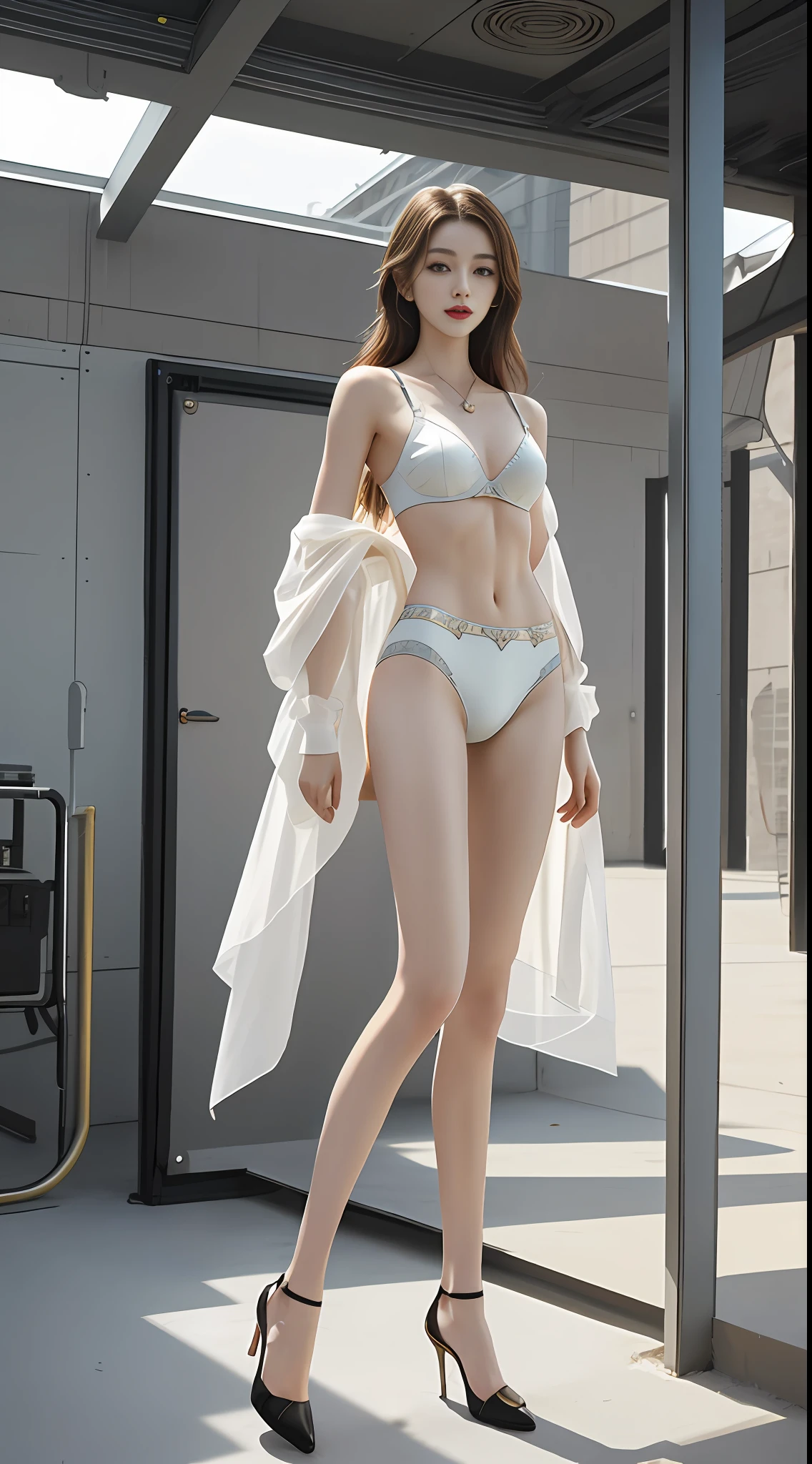 Best Quality, Masterpiece, (23-year-old woman:1.3), Golden ratio figure, delicate, beautiful, long legs, high heels, (__advanced-sci-fi-locations__:1.3), (__advanced-underwear __:1.3), (beautiful eyes: 1.3), (ultra-detailed face: 1.3), (looking at the camera: 1.1), (detailed facial features: 1.2), (pale skin: 1.5), (slim body: 1.3), (Small breasts: 1.2), mature, charming, sexy, full of charm