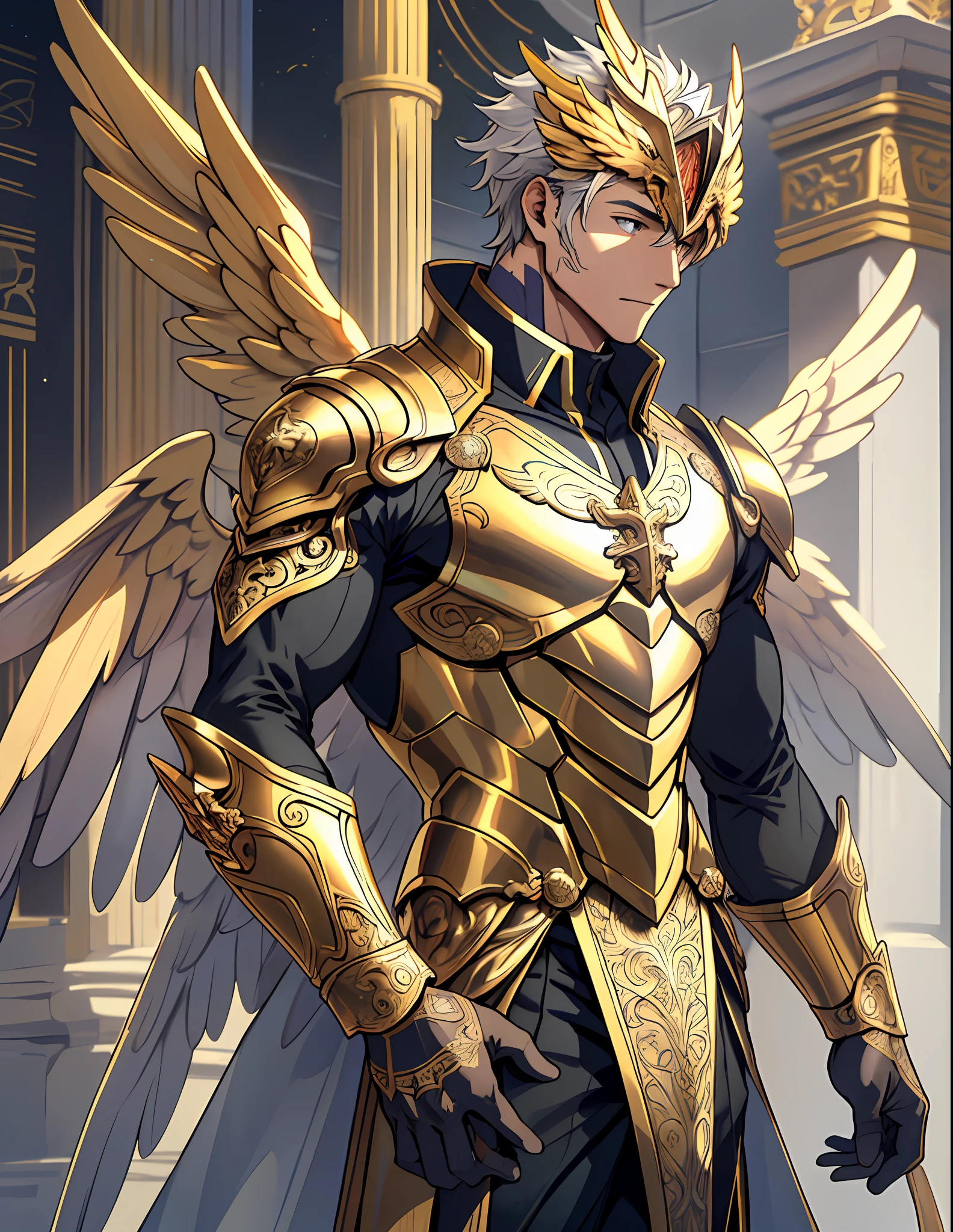 ((original photo)), ((masterpiece)), anthropomorphic humanoid male angel in golden armor, intricate details, futobot, intricate work of Gribours, golden celestial city behind, large wings