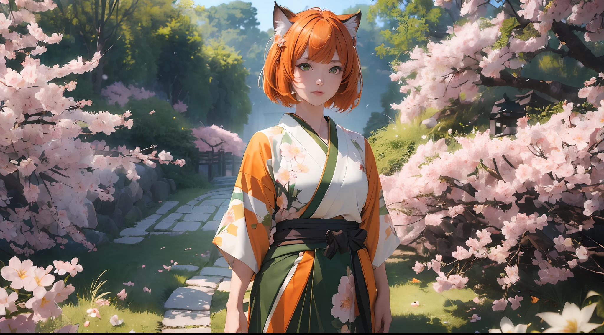 ((masterpiece:1.5)), ((full body)), ultra high res, photorealistic, realistic, best quality, photo-realistic, (((high detailed skin)), (8k, raw photo, best quality), (1 cute girl), (bob cut), (short orange hair), ((cat ear)), ((japanese clothes:1.3)), Japan, ((sakura)), flowers, ((green eyes)), automatic white balance, (((face close-up))), ((((looking at viewer)))), SFW, dynamic hair, highly detailed, more details, cinematic atmosphere, correct anatomy, epic scene, global illumination, detailed and intricate environment, modelshoot style, 8K UHD, concept art, octane render